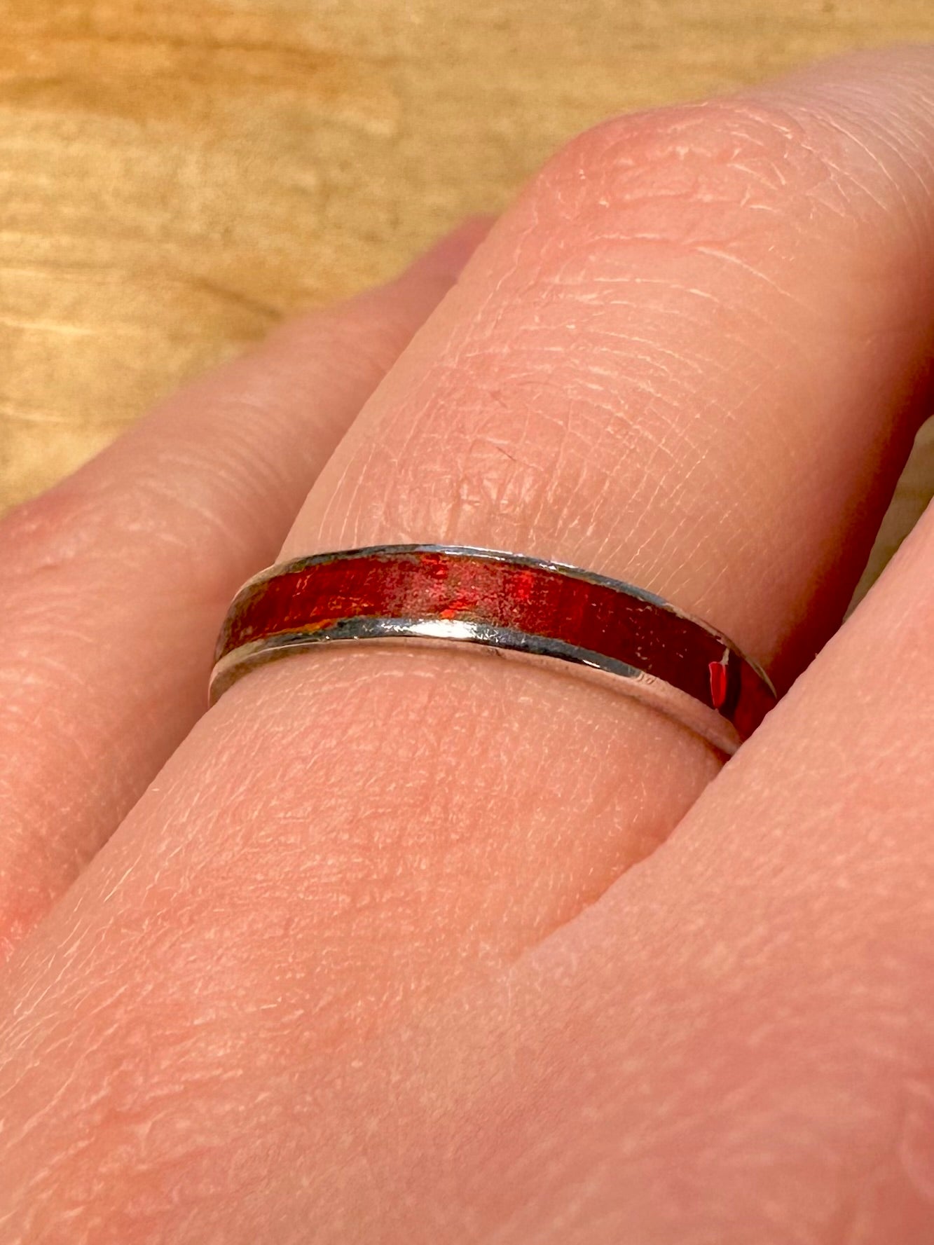 Vintage Red Enamel Band 925 Silver Size P Ring