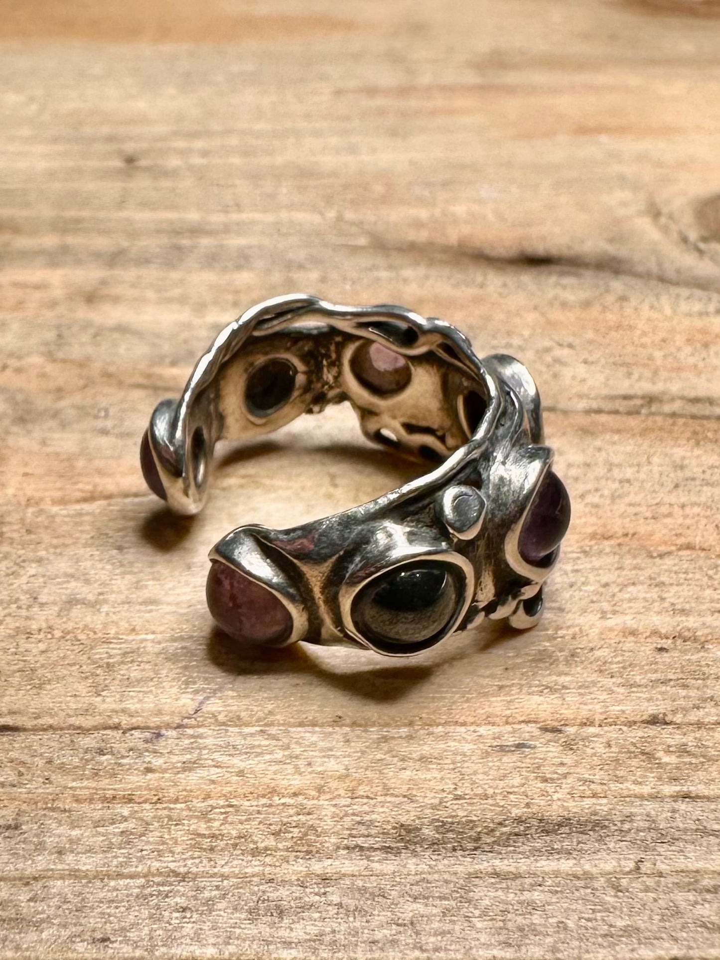 Abstract Amethyst and Black Stone Open Back 925 Silver Size J Ring