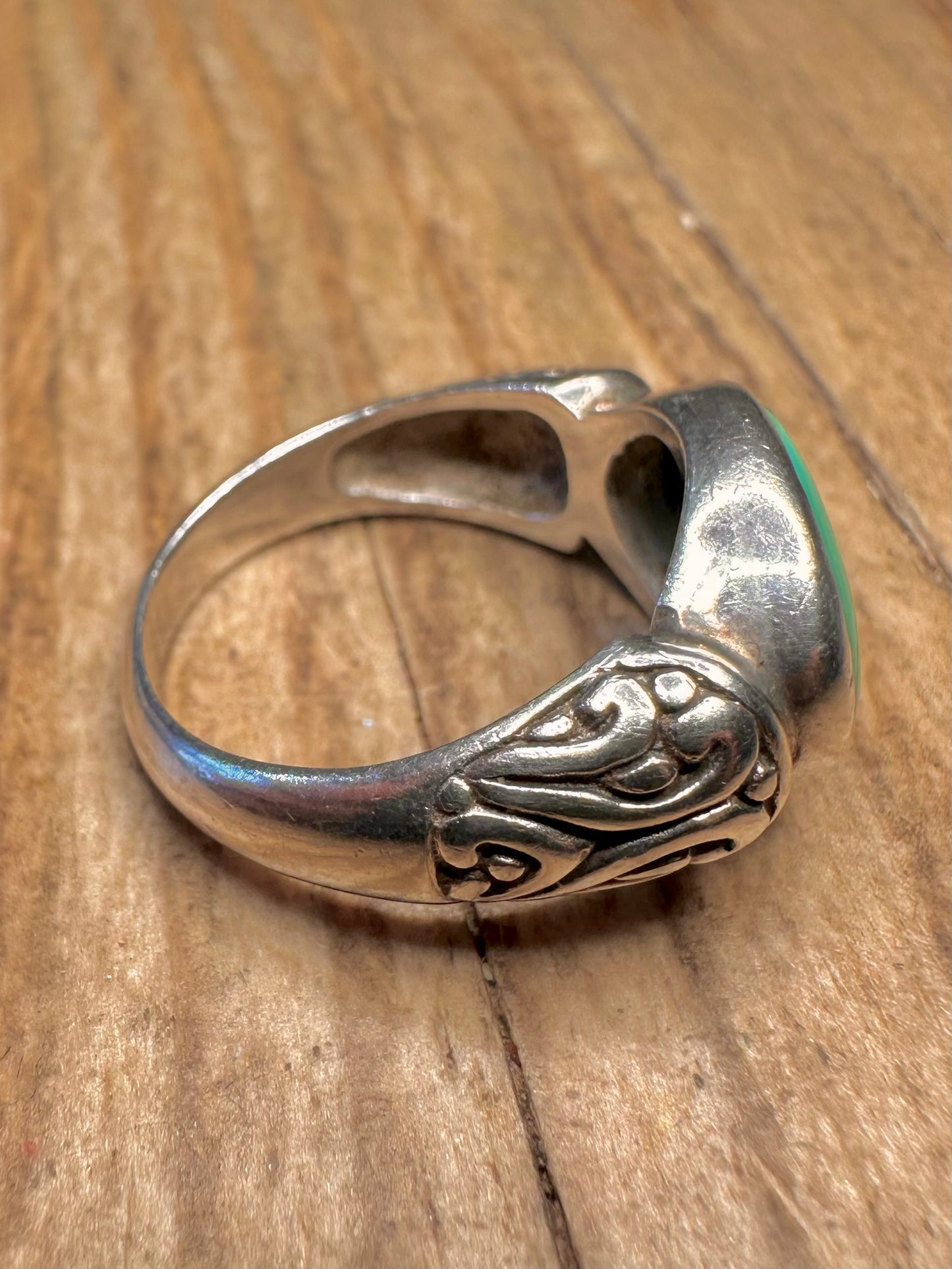 Vintage Turquoise Engraved 925 Sterling Silver Size O Ring