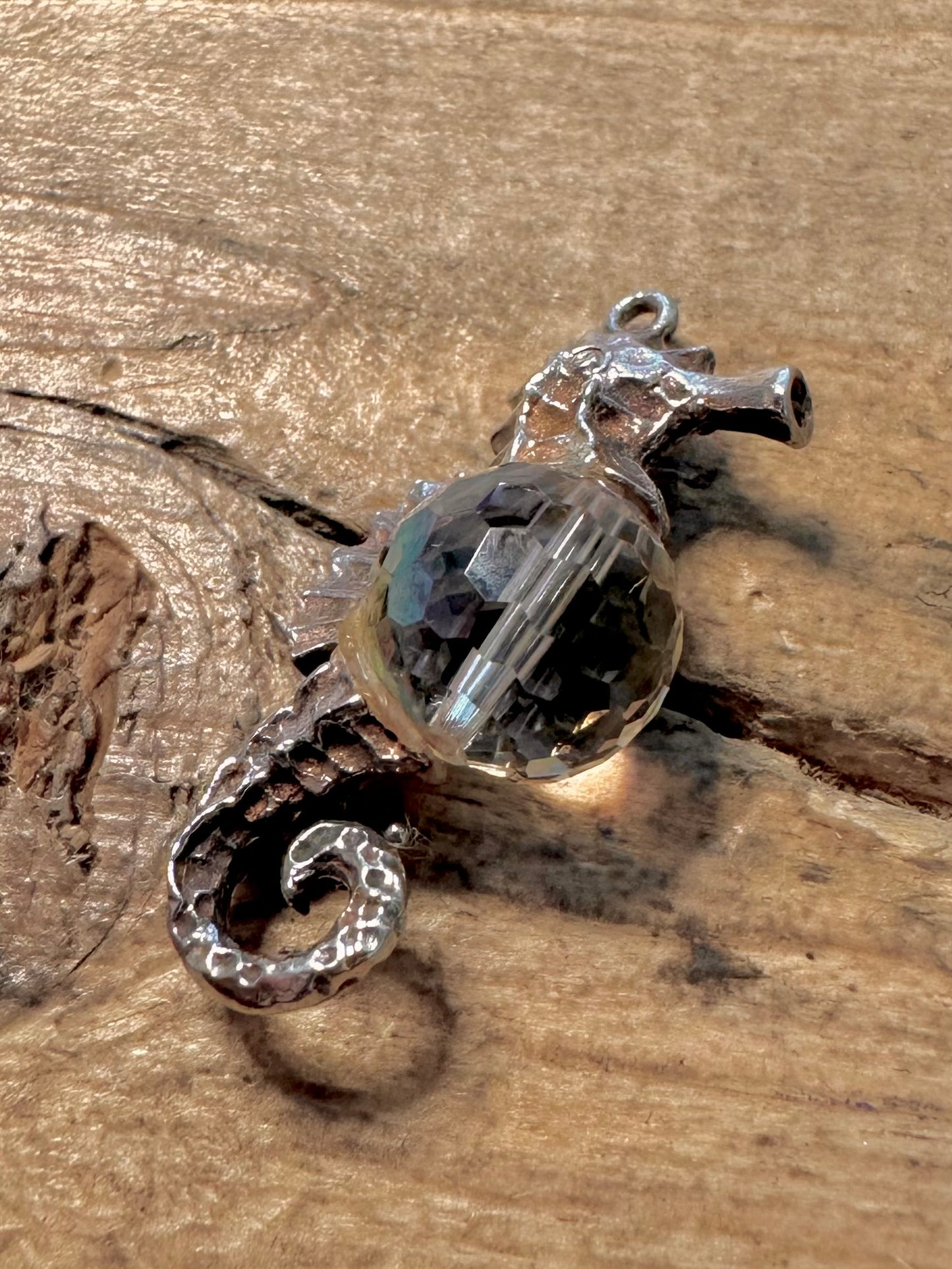 Vintage Seahorse Glass Ball 925 Silver Charm Pendant