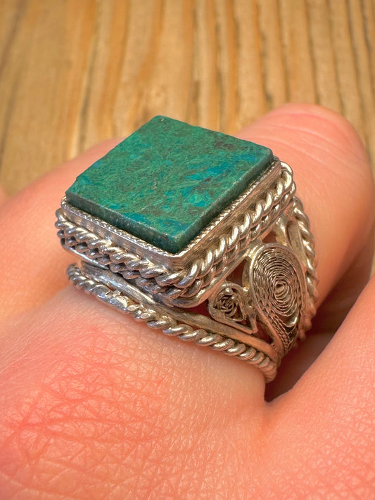 Vintage Turquoise Square Filigree 925 Sterling Silver Size U Ring