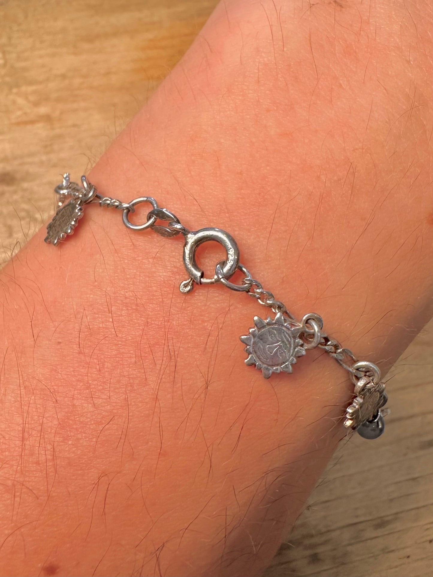 Vintage Figaro Chain Sun Face and Beads 925 Silver 7.4 inch Bracelet