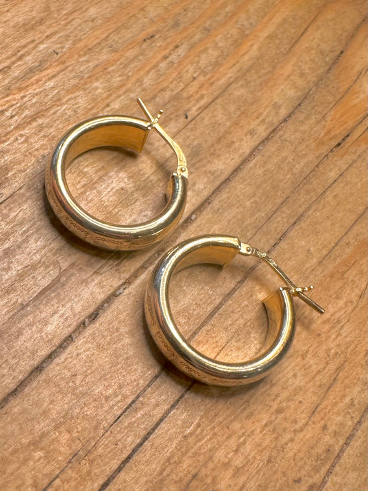 Vintage Greek Key Chunky Italy Hoop Gold on 925 Sterling Silver Earrings