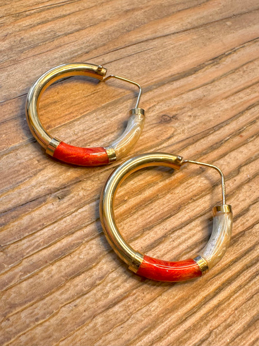 Chunky Red and White Resin Italian Gold on 925 Sterling Silver Hoop Earrings