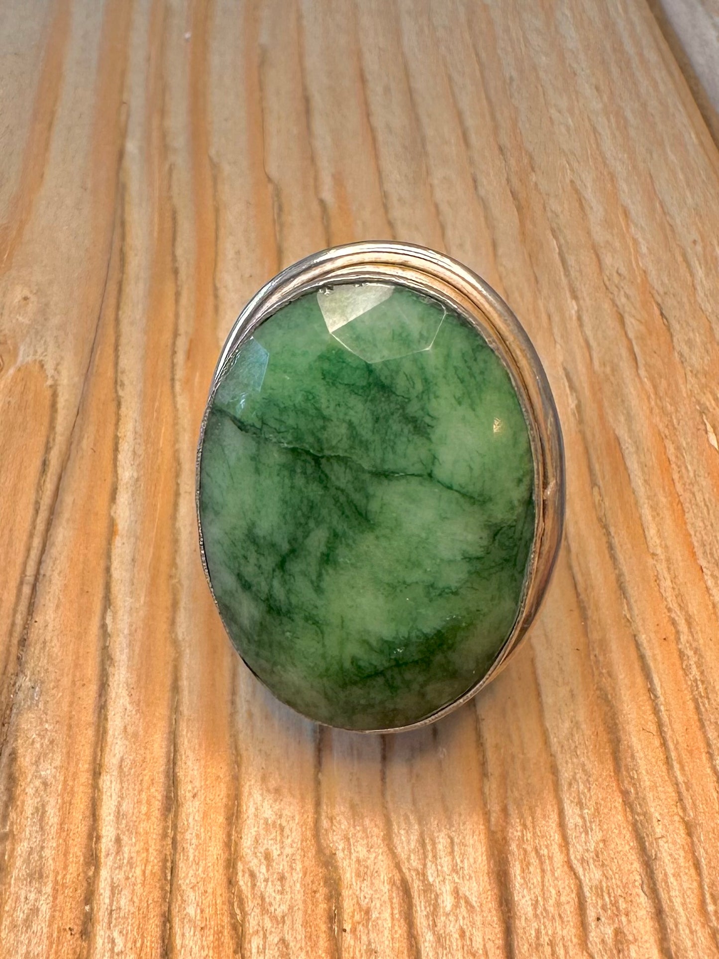 Vintage Large Green Stone 925 Sterling Silver Size Q Ring