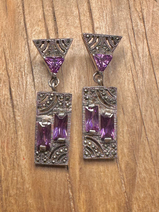 Vintage Art Deco Amethyst and Marcasite 925 Sterling Silver Earrings