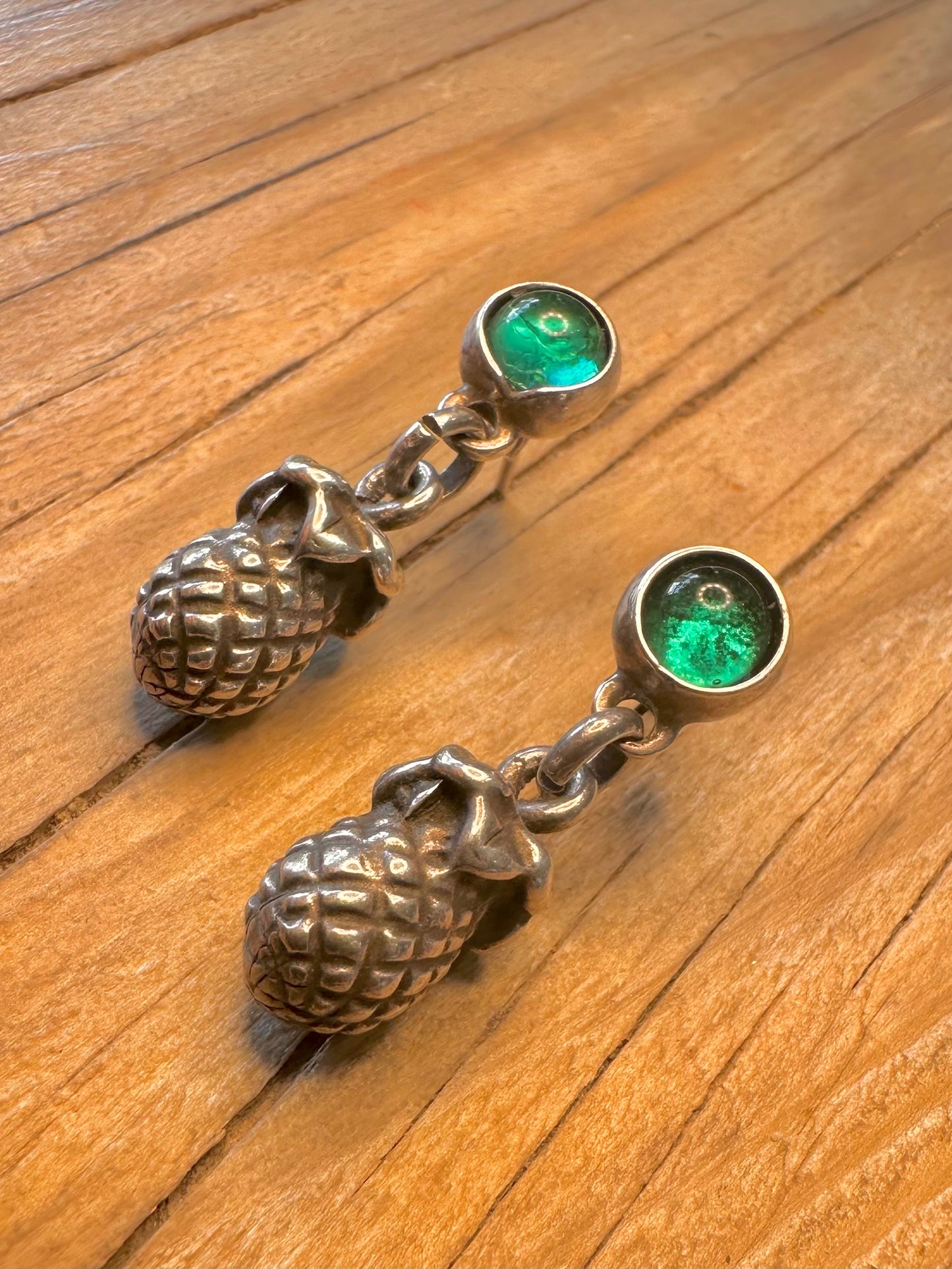 Vintage Green Stone Pineapple Dangle 925 Sterling Silver Earrings