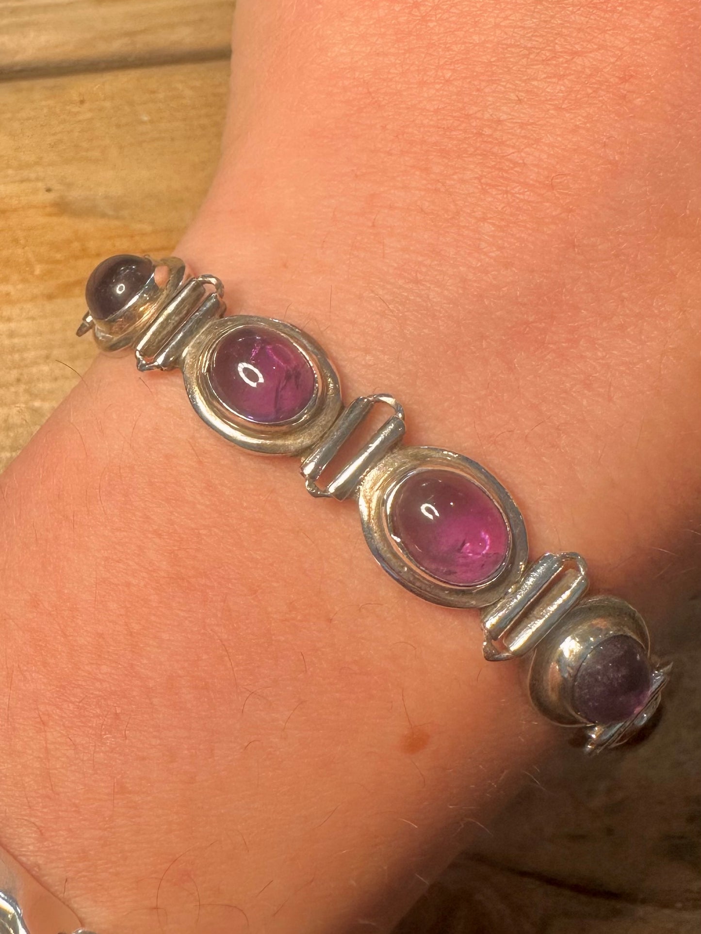 Vintage Amethyst Oval Link T Bar Clasp 925 Silver 6.8 inch Bracelet