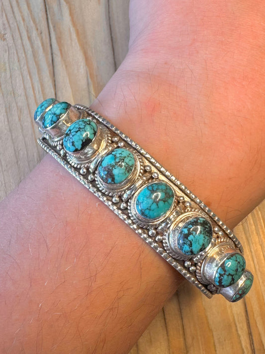 Vintage Ornate Turquoise 925 Silver Cuff Bangle