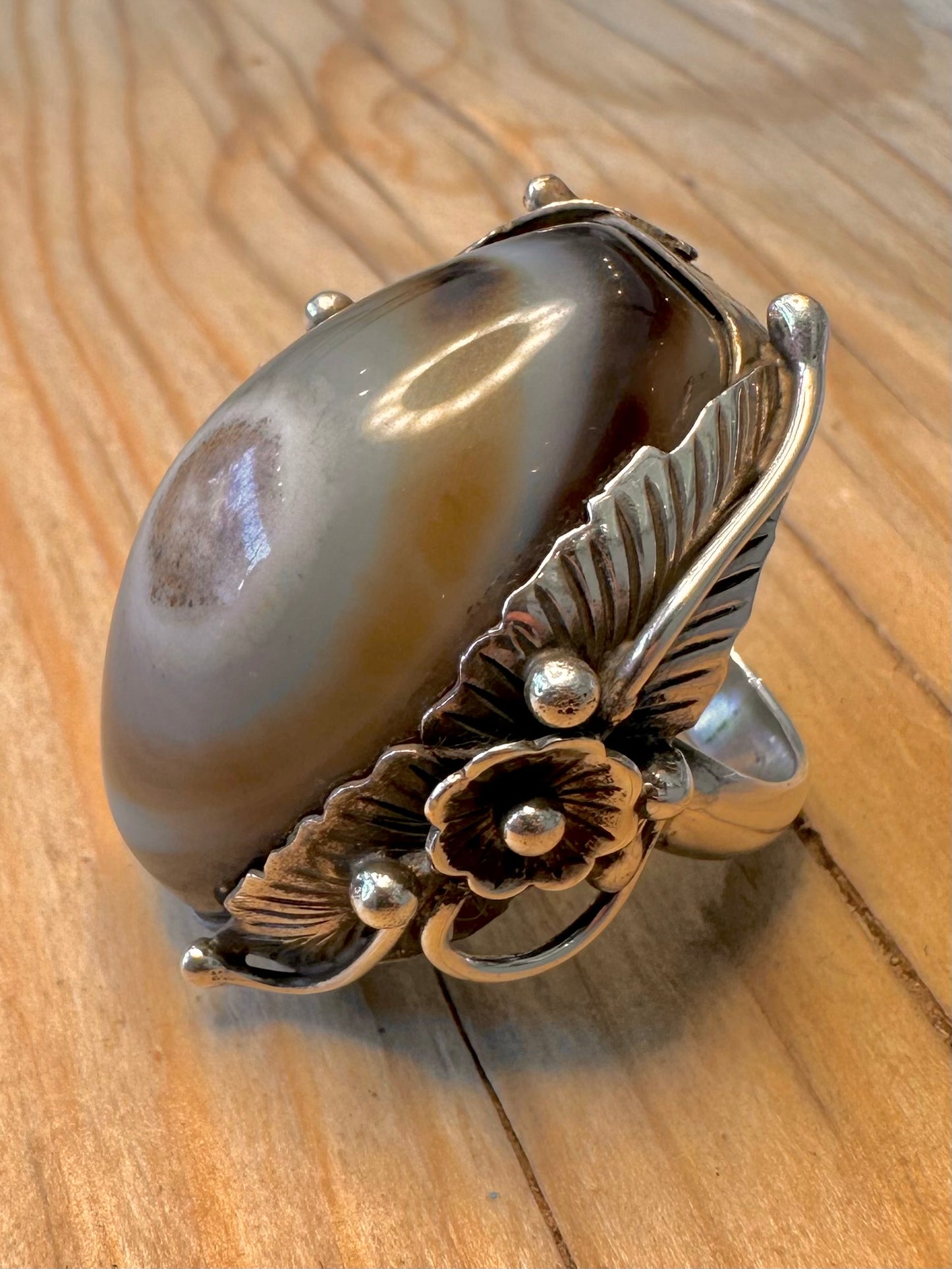 Vintage Large Agate Navajo Style 925 Silver Size V Ring