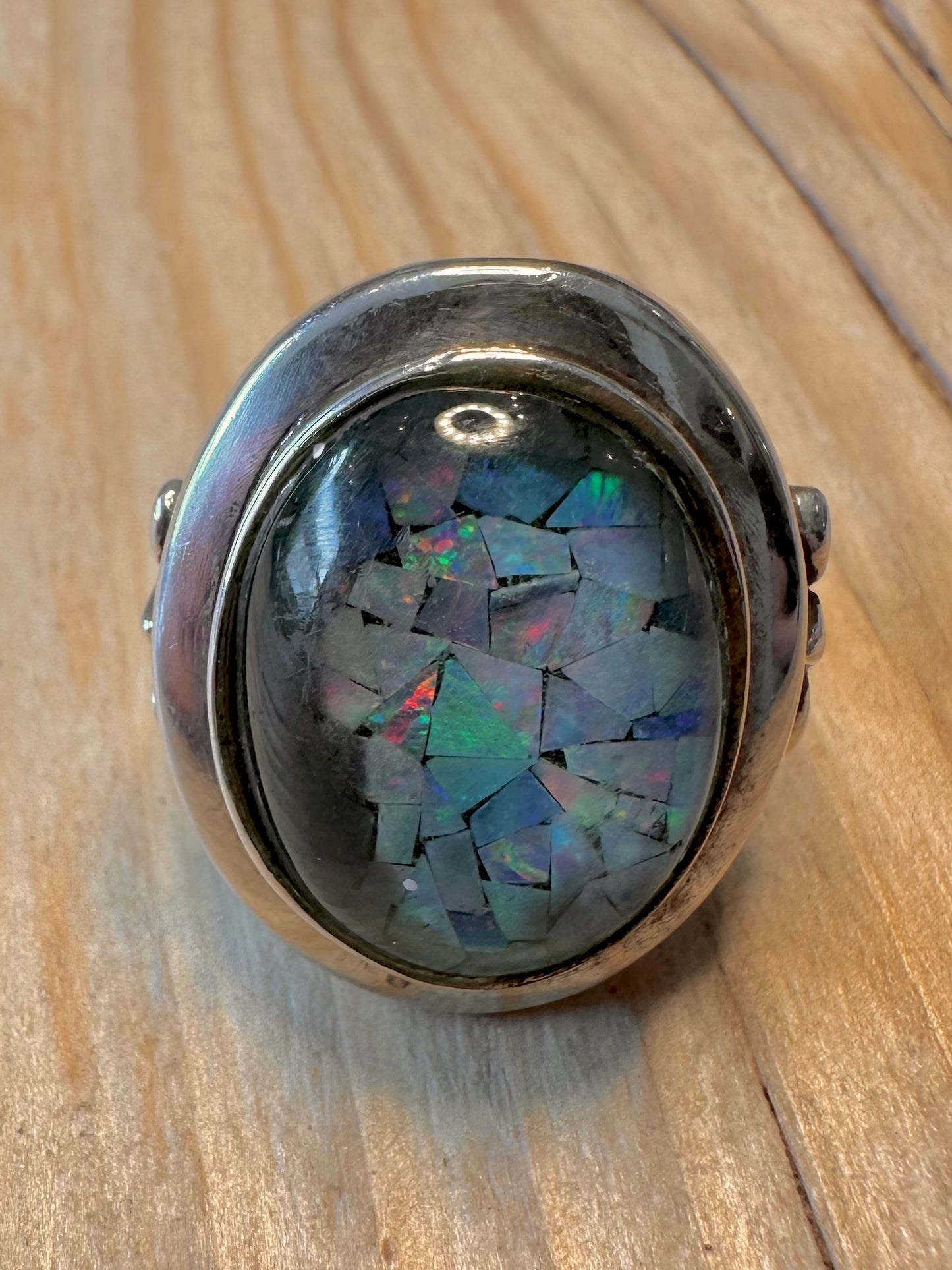 Vintage Mosaic Opal Oval 925 Silver Size R1/2 Ring
