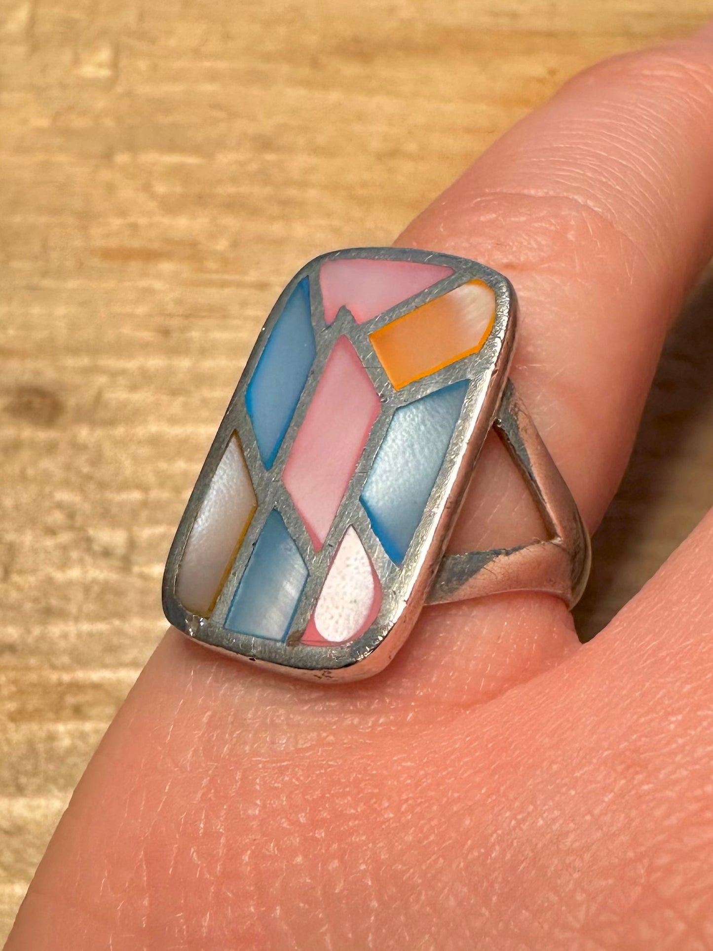 Abstract Coloured Mother of Pearl Rectangle 925 Silver Size K1/2 Ring