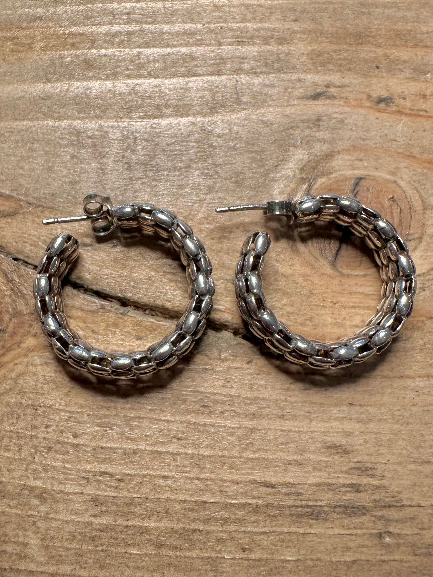Vintage Woven Link Hoops 925 Silver Earrings