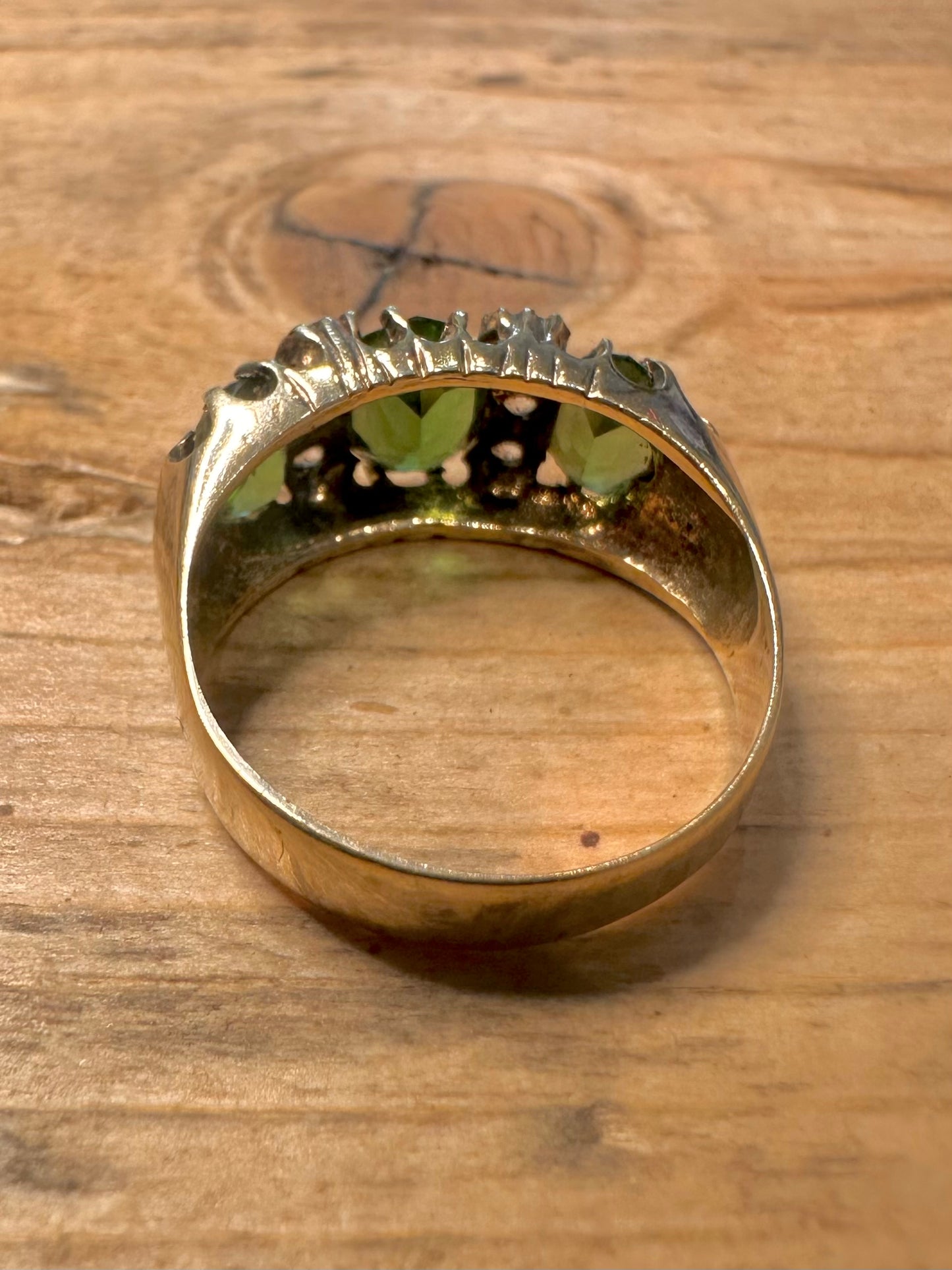 Vintage Green and White Stone Trilogy Gold on 925 Silver Size P Ring