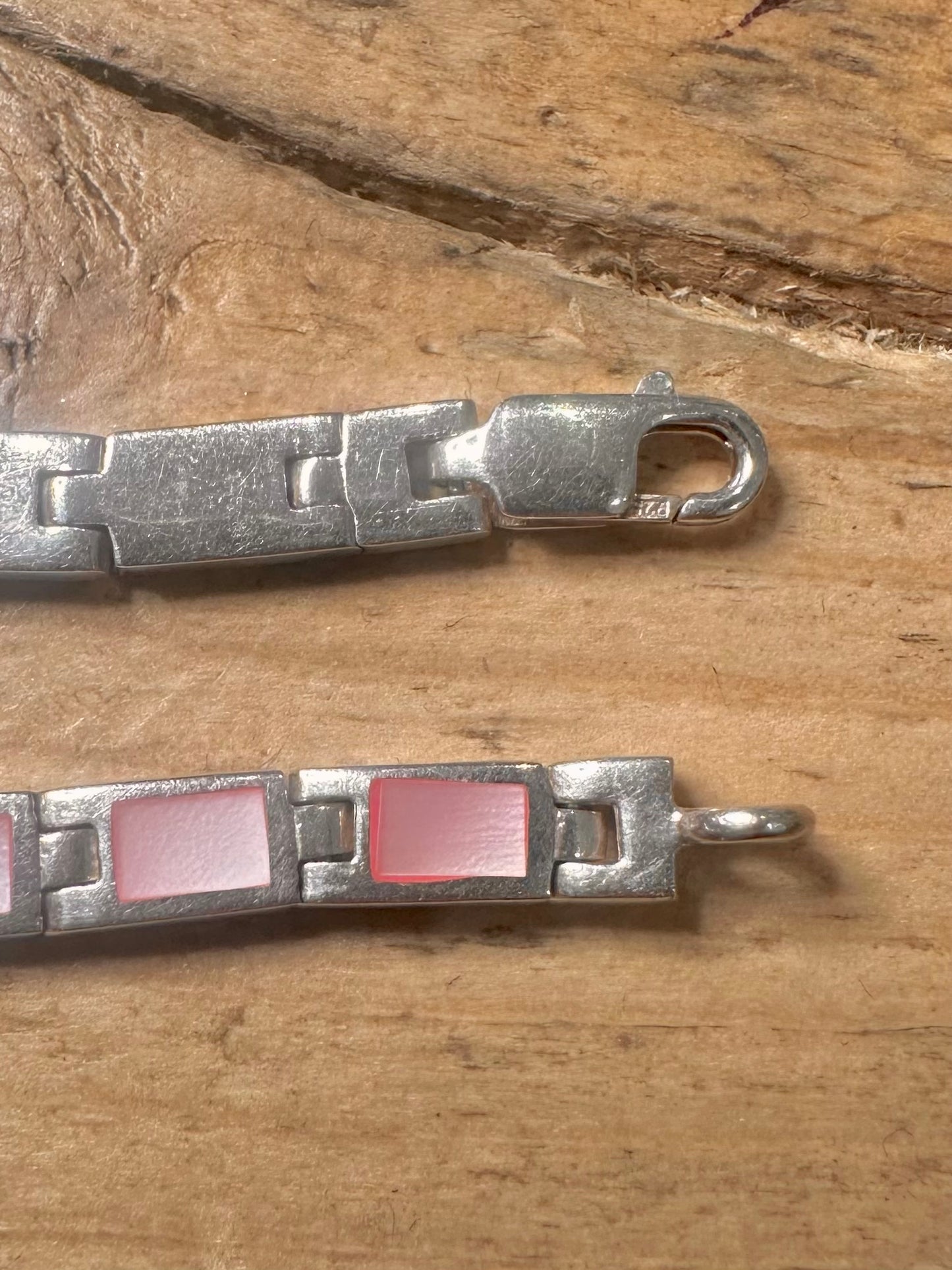Abstract Pink Mother of Pearl Rectangle 925 Silver 7.5 inch Bracelet