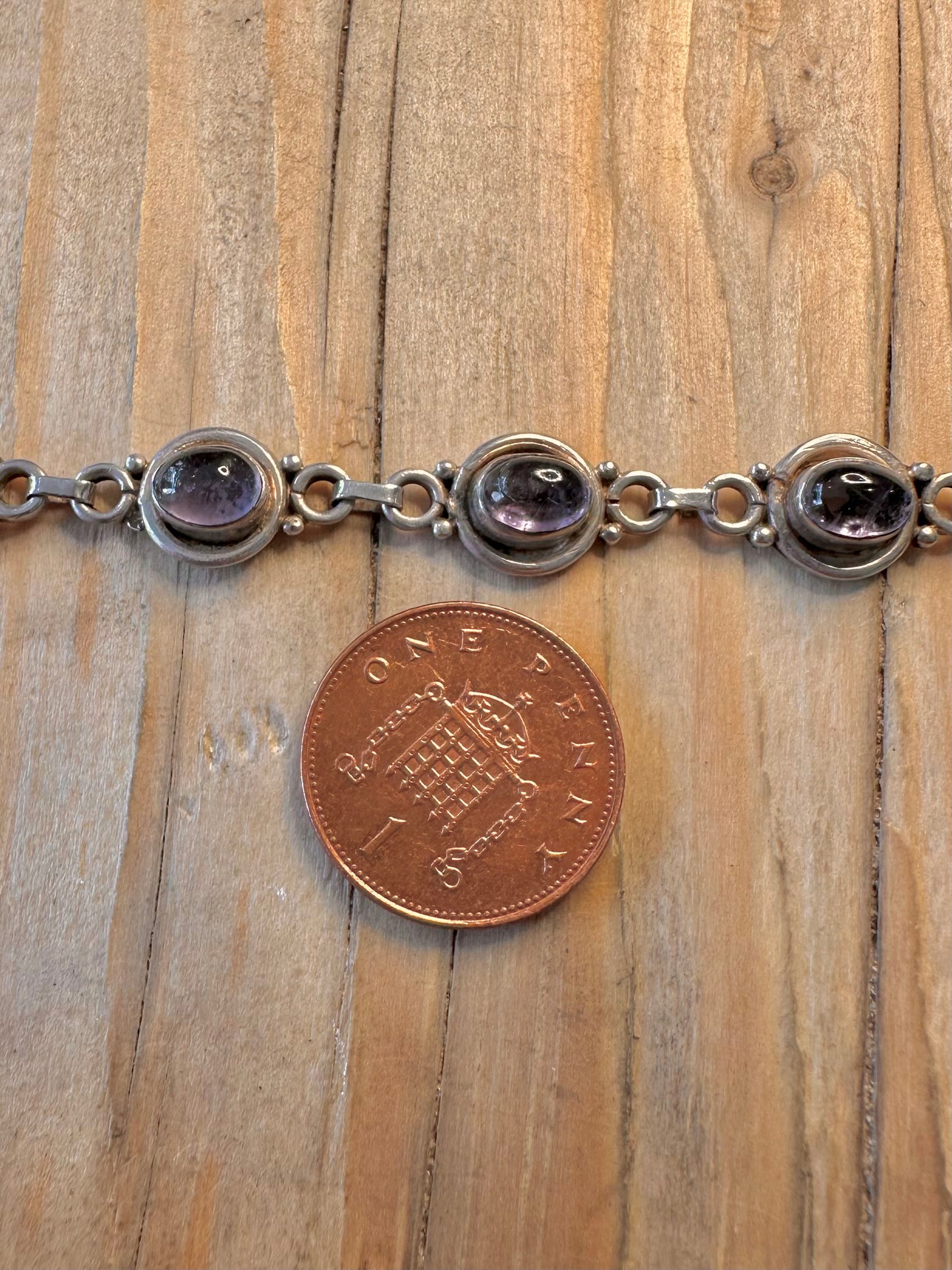 Vintage Amethyst Link 925 Silver 7 inch Bracelet