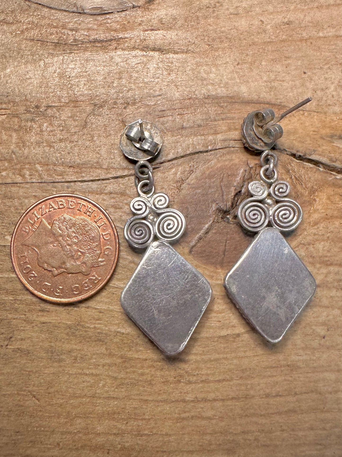Vintage Green Stone Swirl Dangle 925 Silver Earrings
