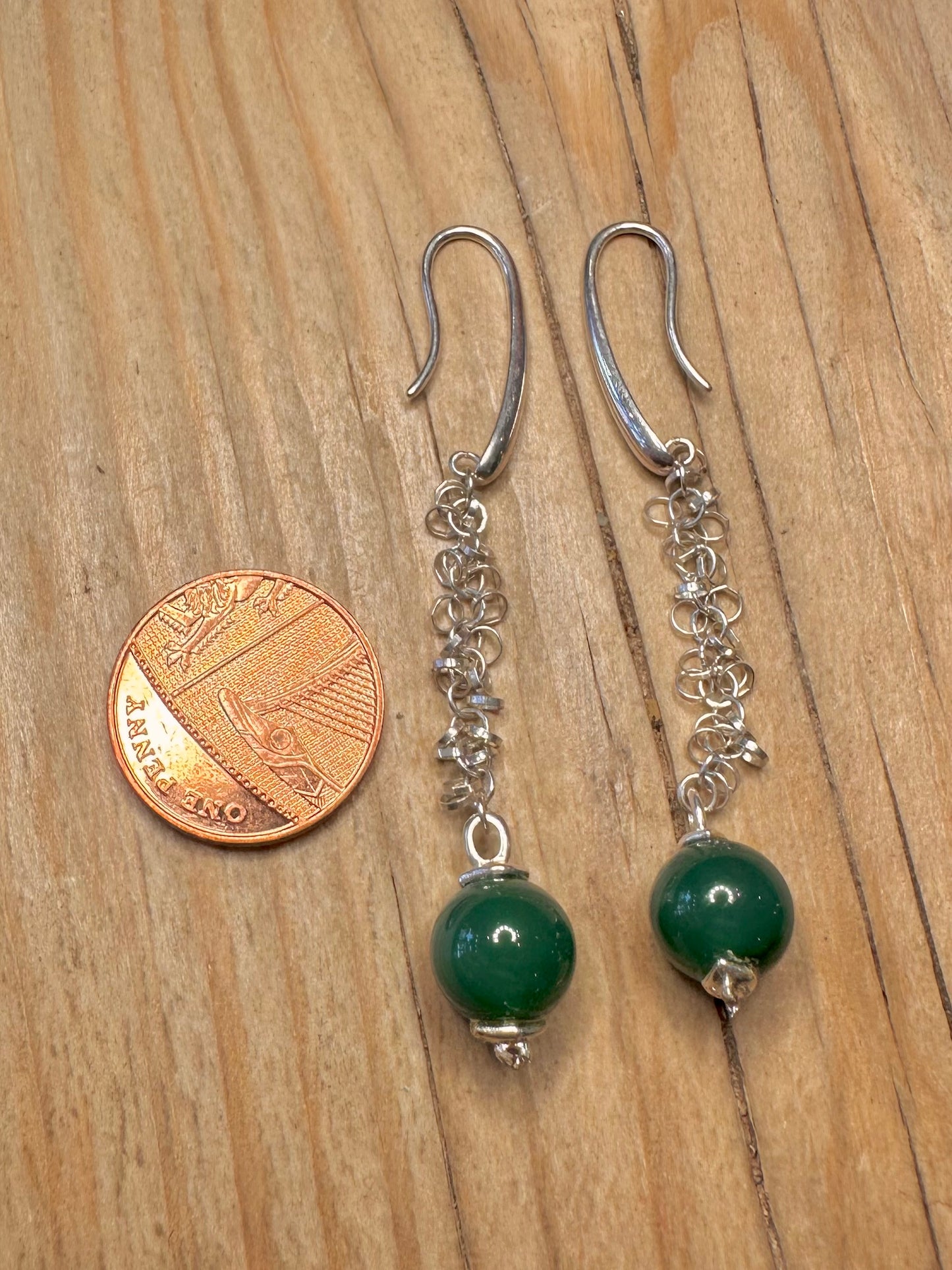 Modern Green Ball Chain Link Dangle 925 Sterling Silver Earrings