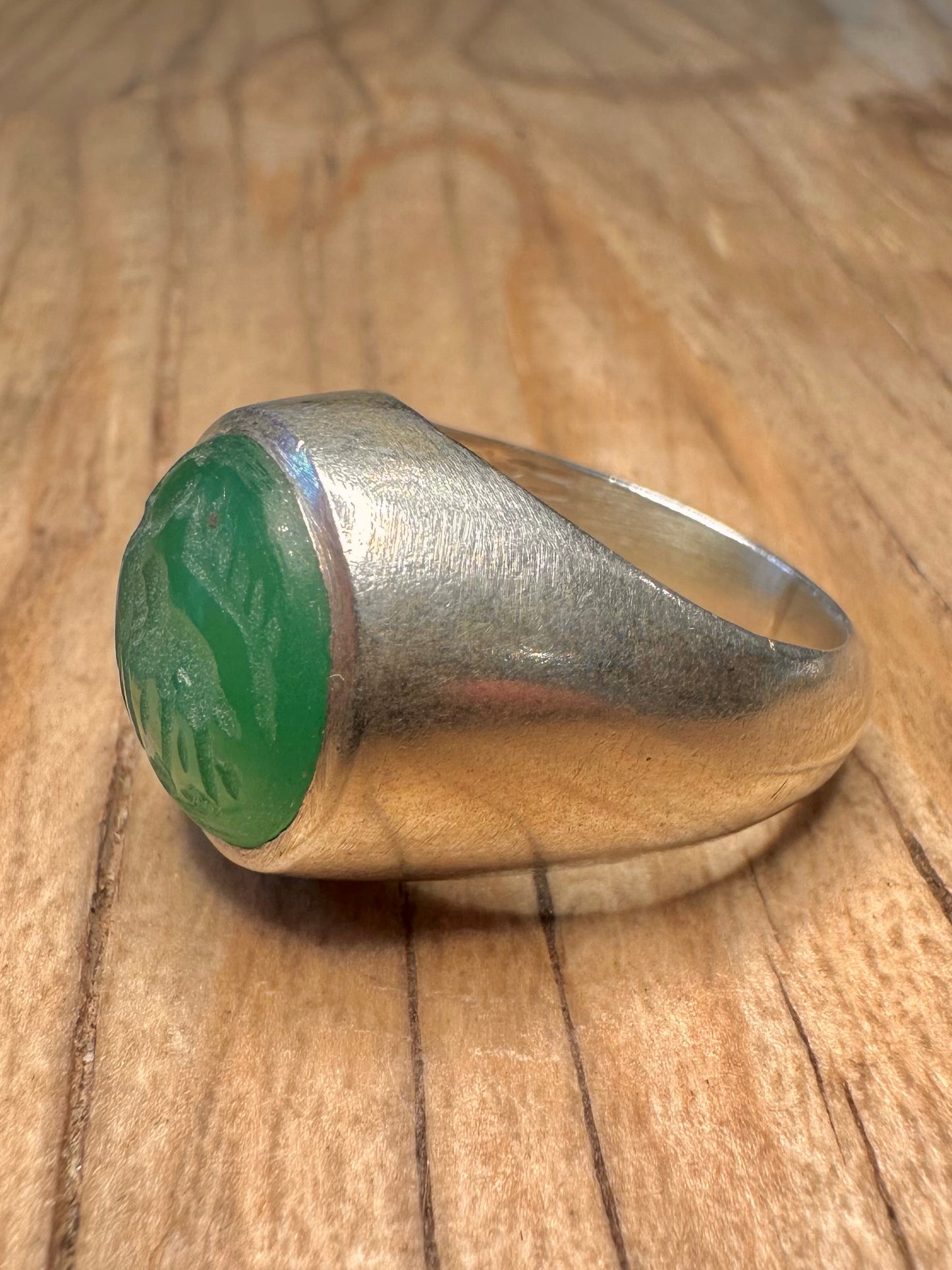 Vintage Animal Chrysoprase Intaglio Signet 925 Sterling Silver Size Q1/2 Ring