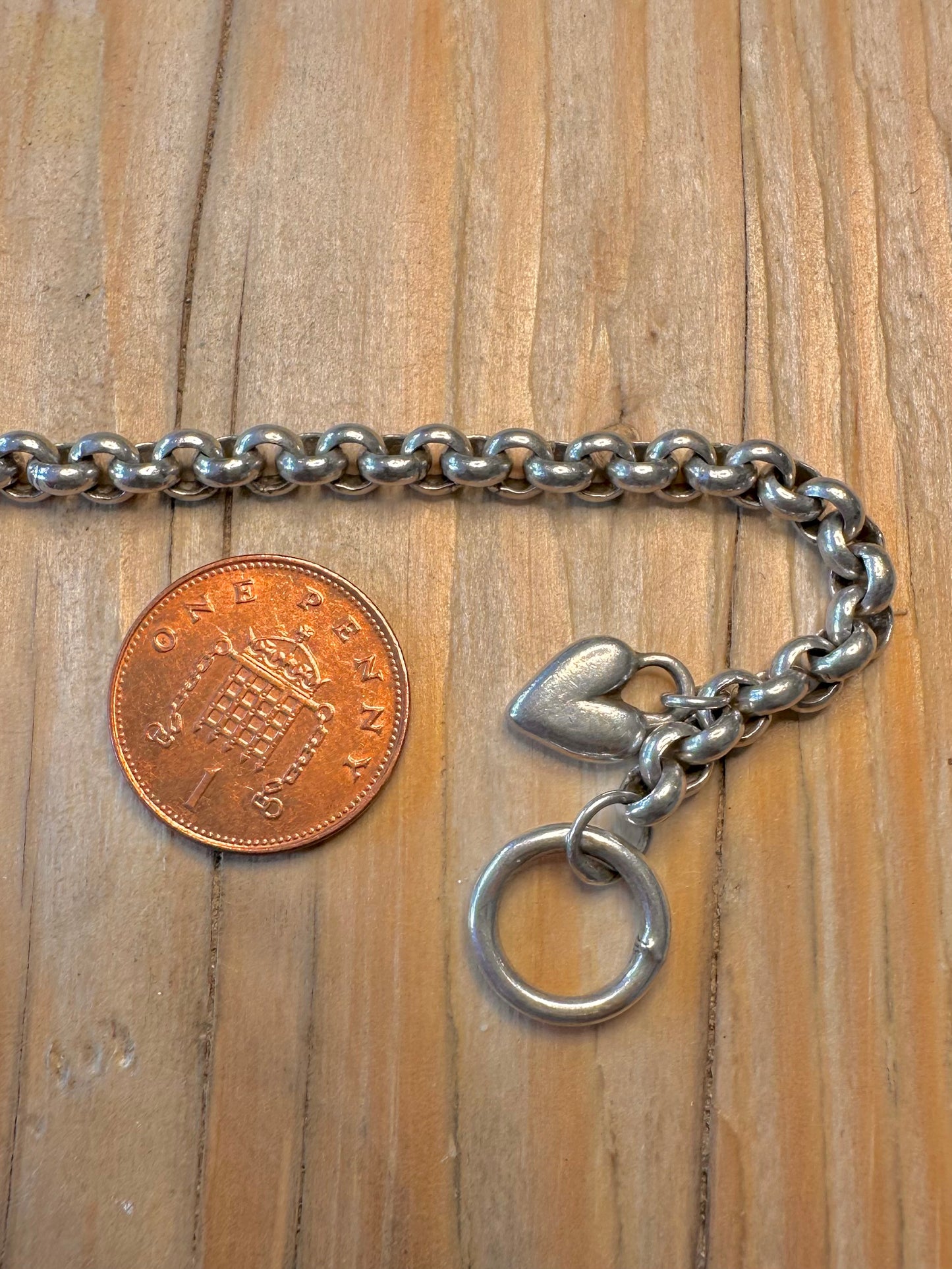 Vintage Belcher Chain T Bar Clasp Heart 925 Silver Hallmarked 7.5 inch Bracelet