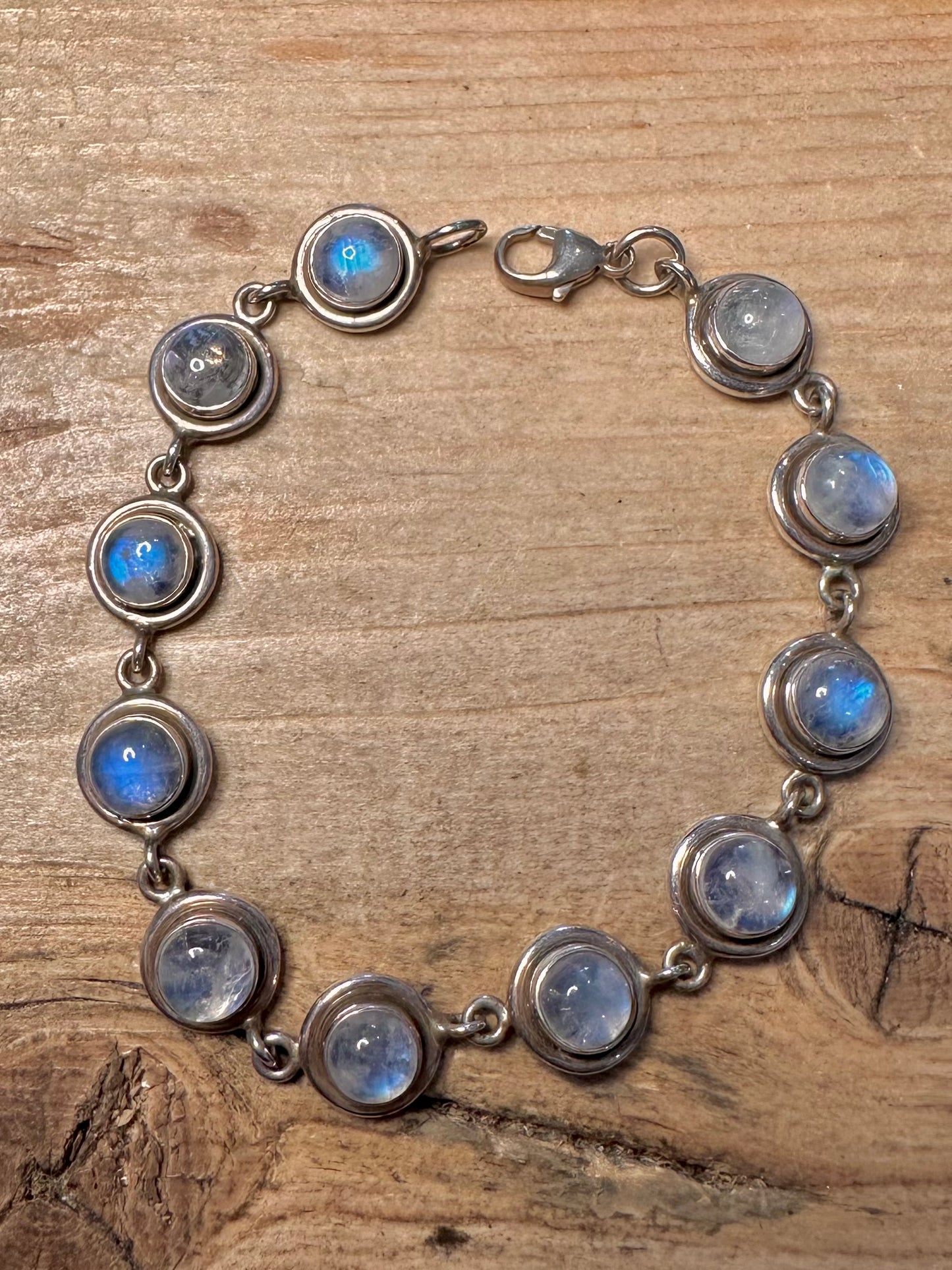 Vintage Moonstone Circle Link 925 Silver 7.3 inch Bracelet
