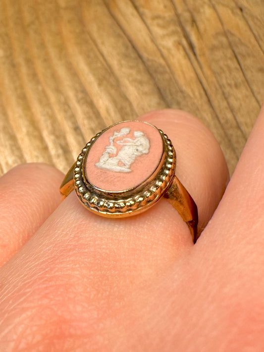 Vintage 1984 Pink Cameo Wedgwood Gold on 925 Sterling Silver Hallmarked Size O Ring