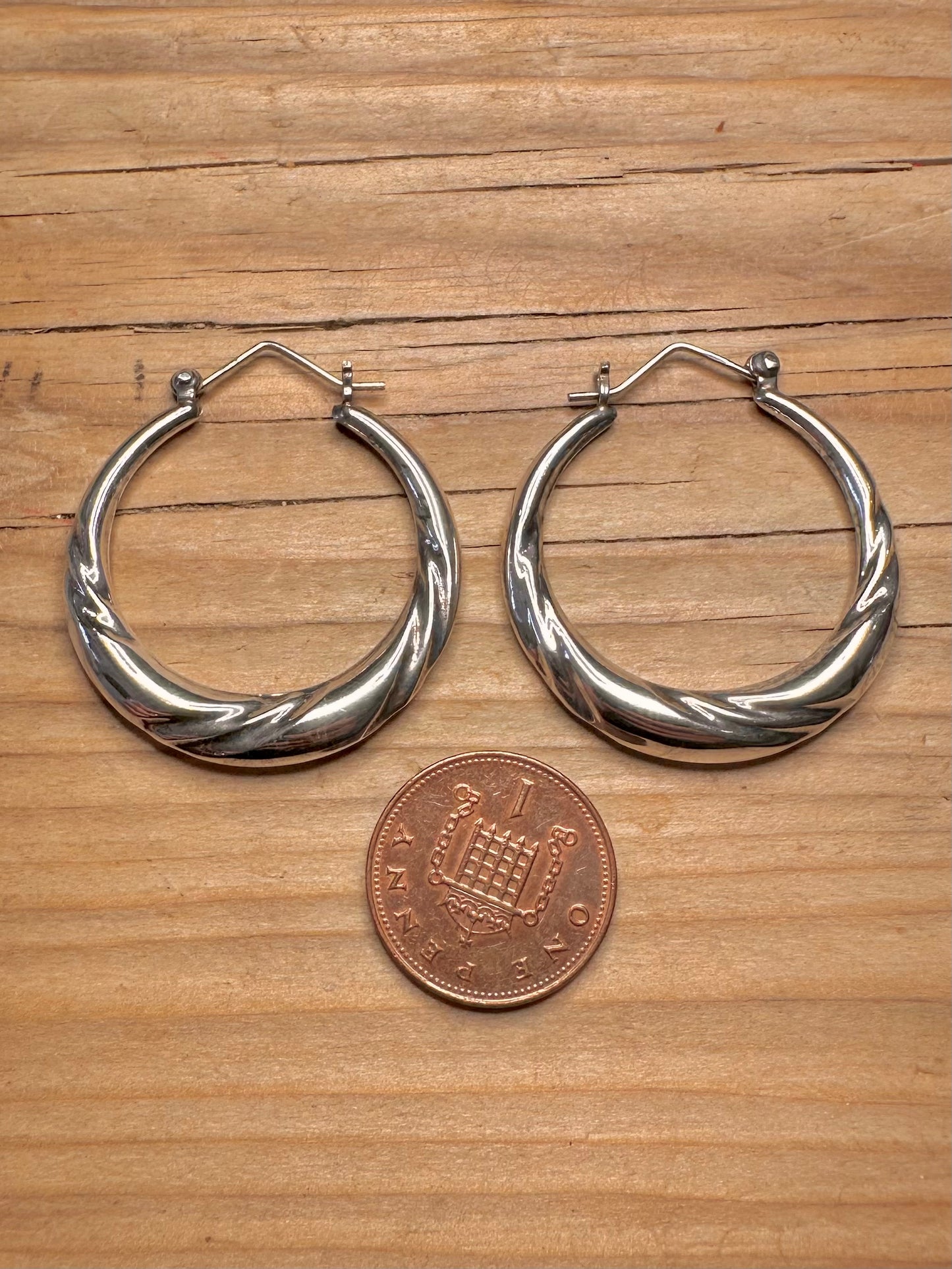 Vintage Textured Lined Twisted Hoops 925 Sterling Silver Earrings