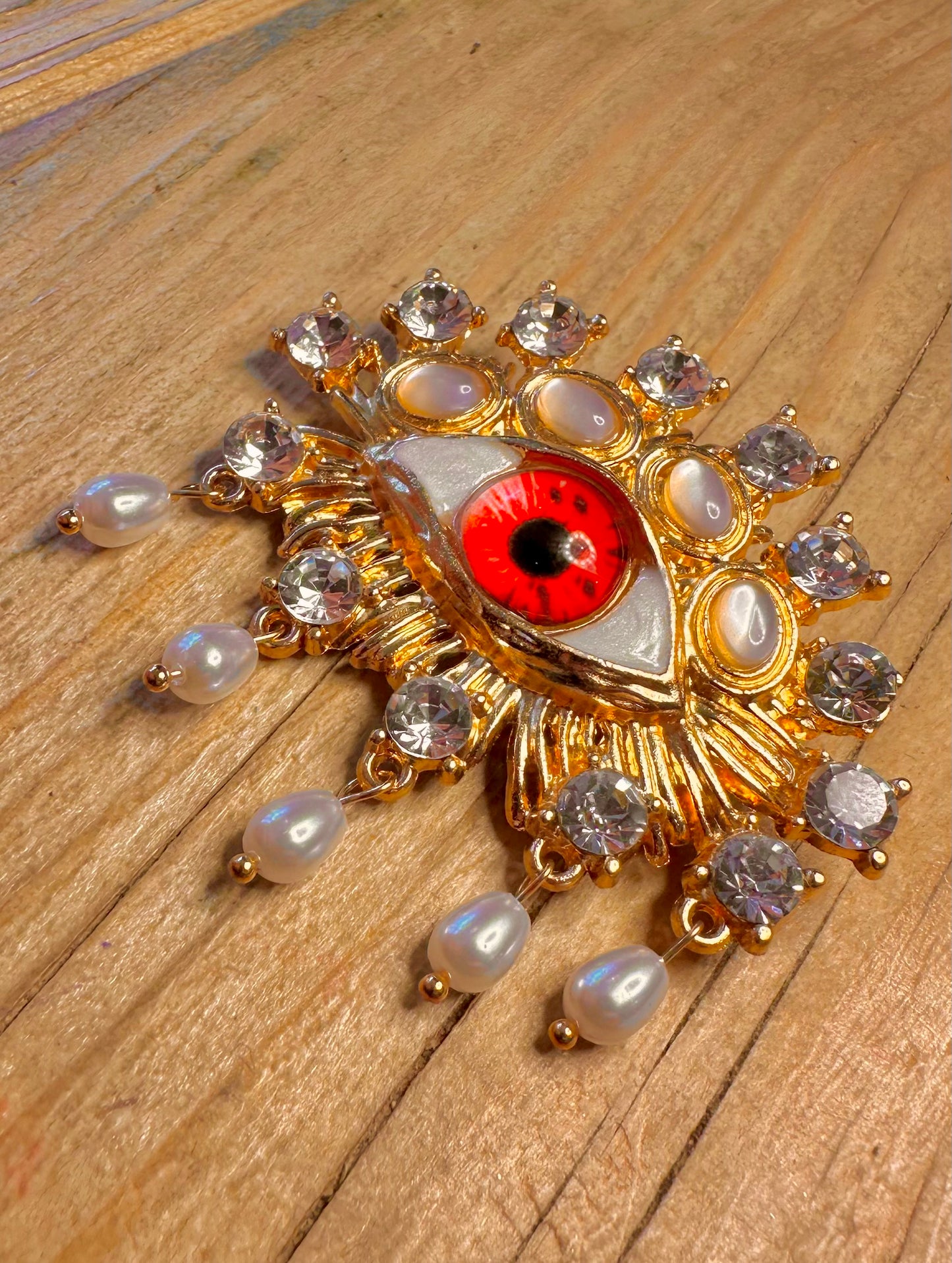 Vintage Rhinestone Eye and Pearl Gold Tone Costume Brooch