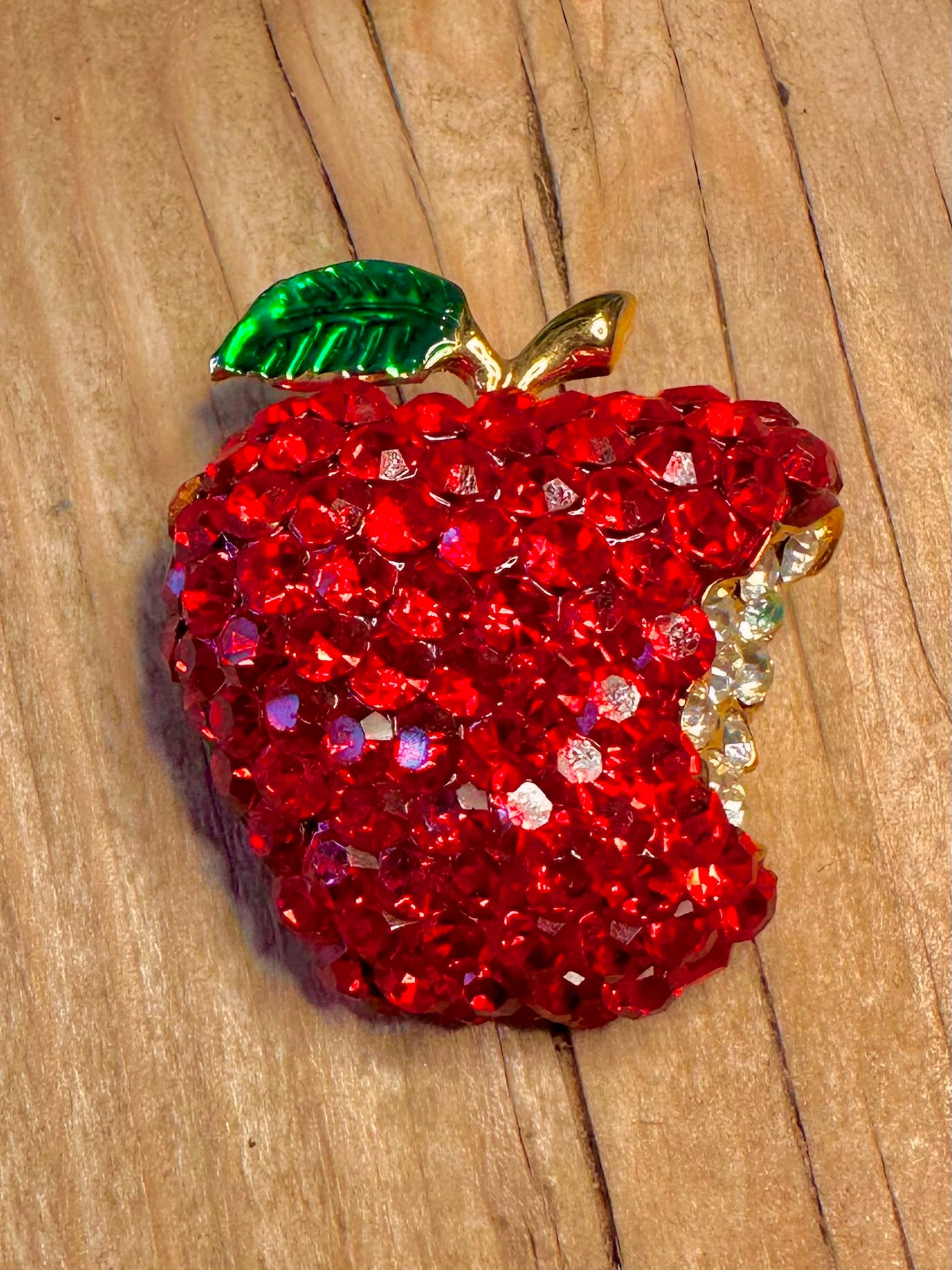 Vintage Red and White Stones Half Eaten Apple Gold Tone Costume Brooch