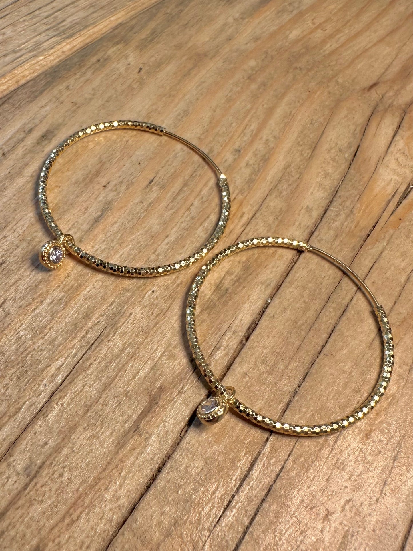 Modern Textured CZ White Hoops Gold on 925 Sterling Silver Earrings