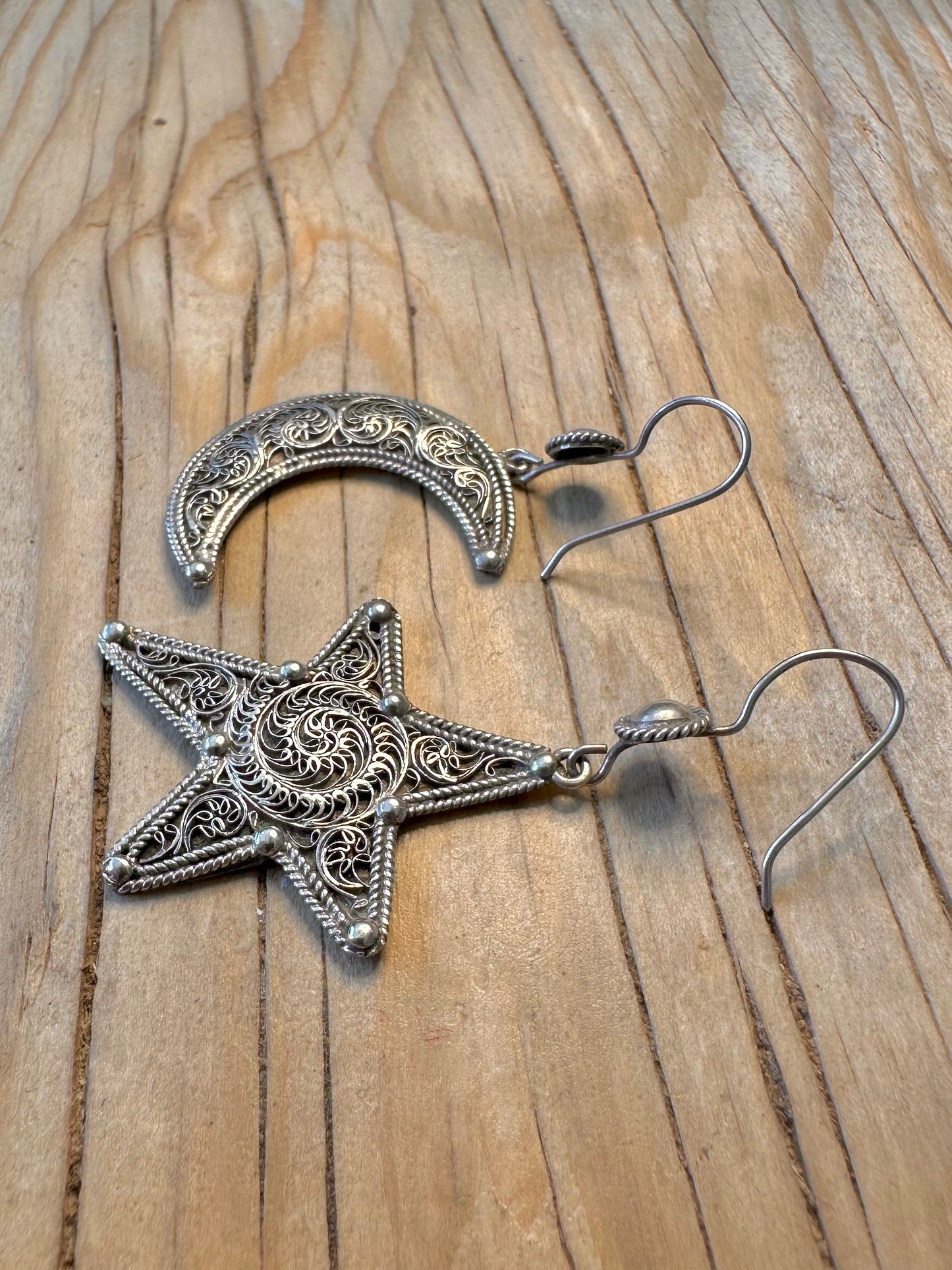Vintage Star and Moon Filigree 925 Silver Earrings