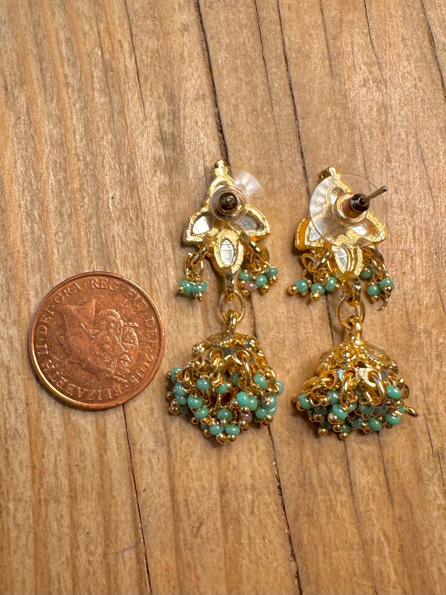 Vintage Indian Jhumka Blue Beads Gold Toned Costume Earrings