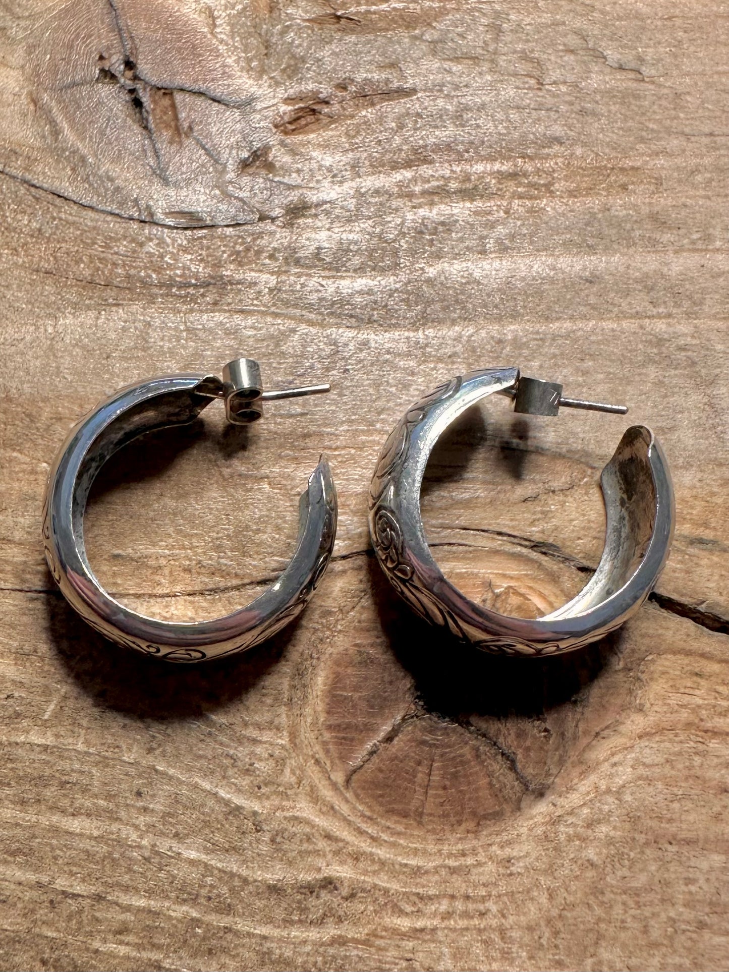 Vintage Chunky Engraved Hoops 925 Silver Earrings