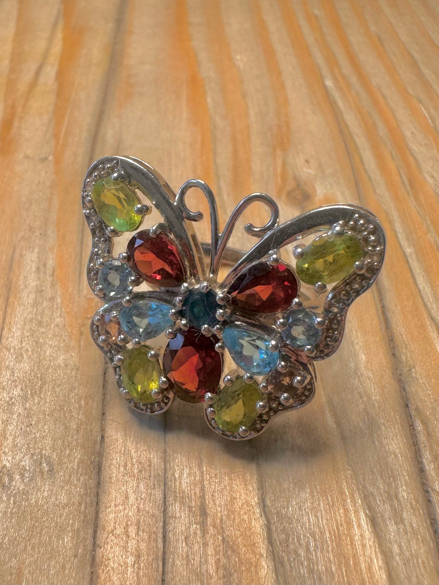 Modernist Multi Gemstone Butterfly 925 Silver Size R1/2 Ring