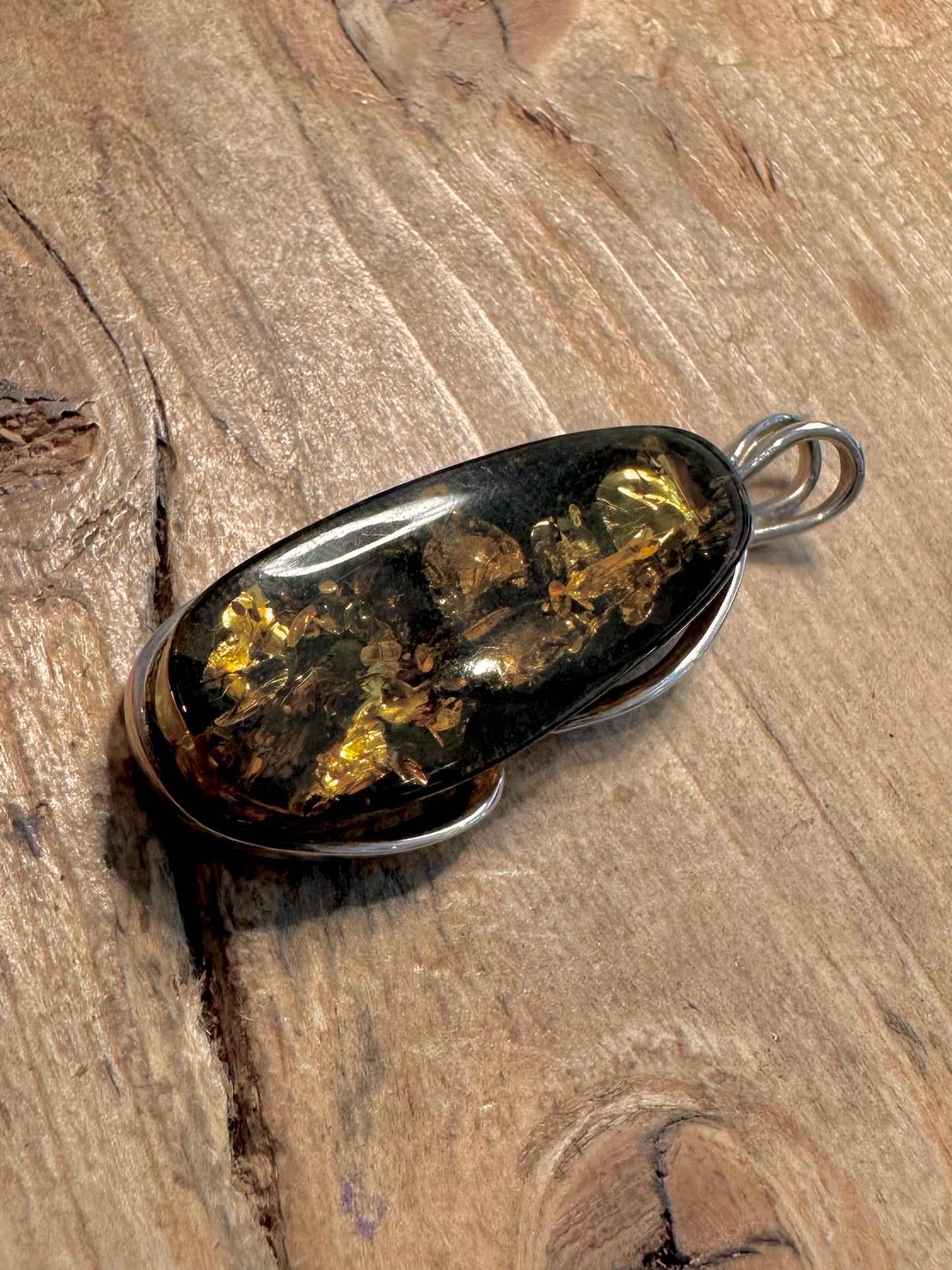 Modern Green Amber 925 Silver Pendant