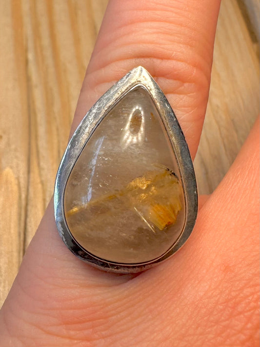Vintage Golden Rutilated Quarts 925 Silver Size N1/2 Ring
