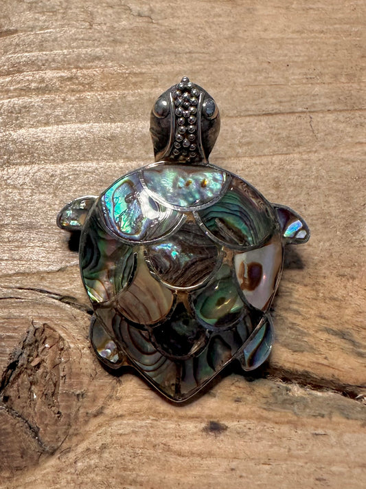 Vintage Abalone Turtle 925 Silver Brooch Pendant