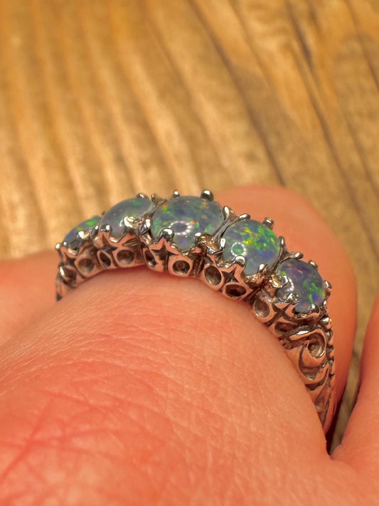 Victorian Style Five Opal 925 Sterling Silver Size T Ring