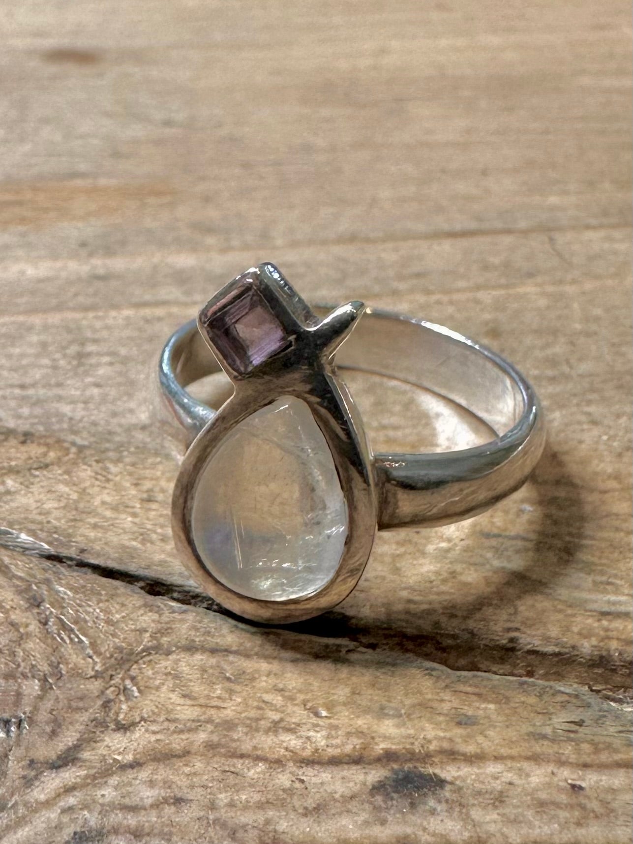 Modernist Moonstone and Amethyst 925 Silver Size Q1/2 Ring