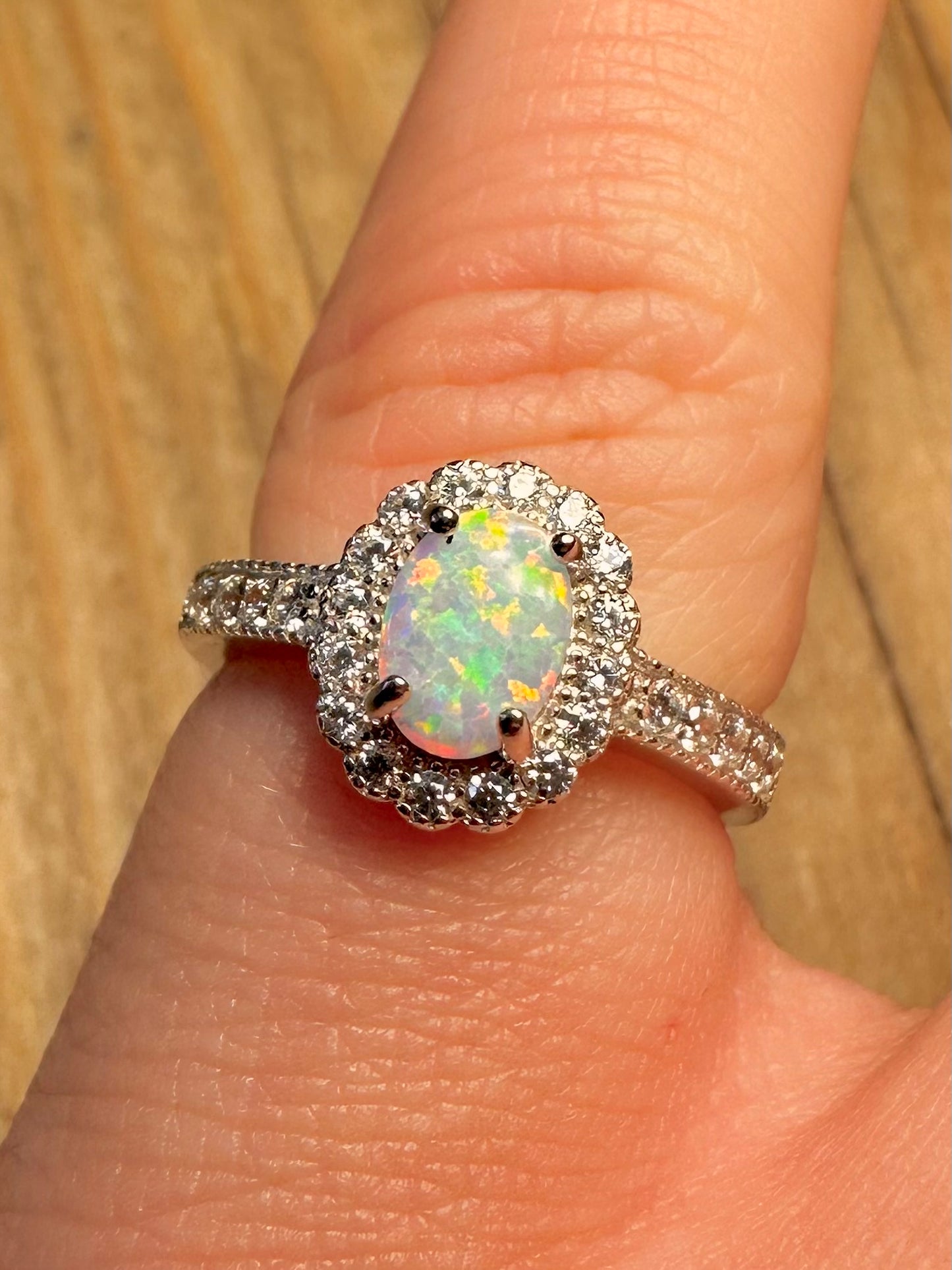 Modern Opal and White CZ 925 Sterling Silver Size J Ring