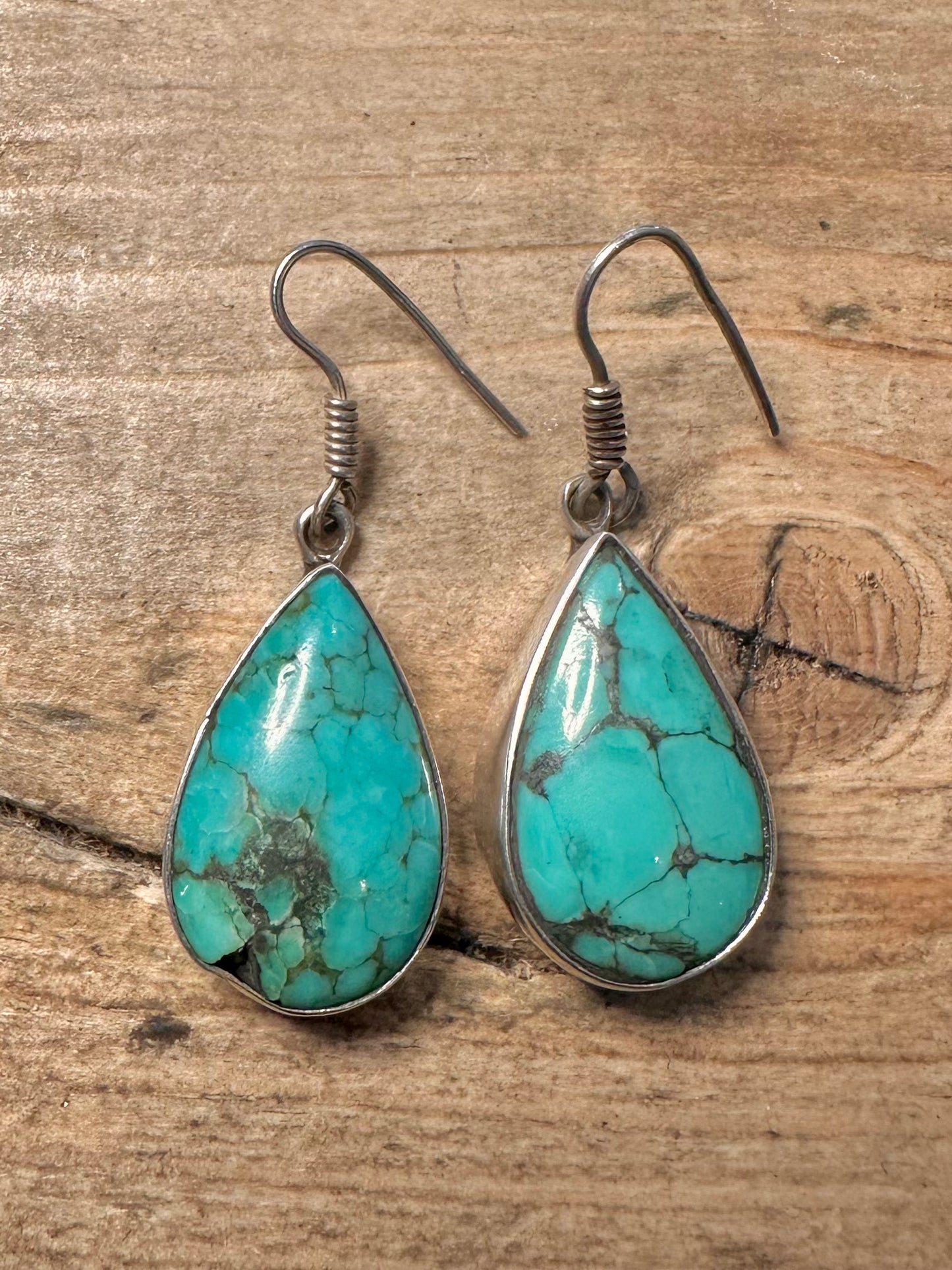 Vintage Raw Turquoise Tear Drop 925 Silver Earrings