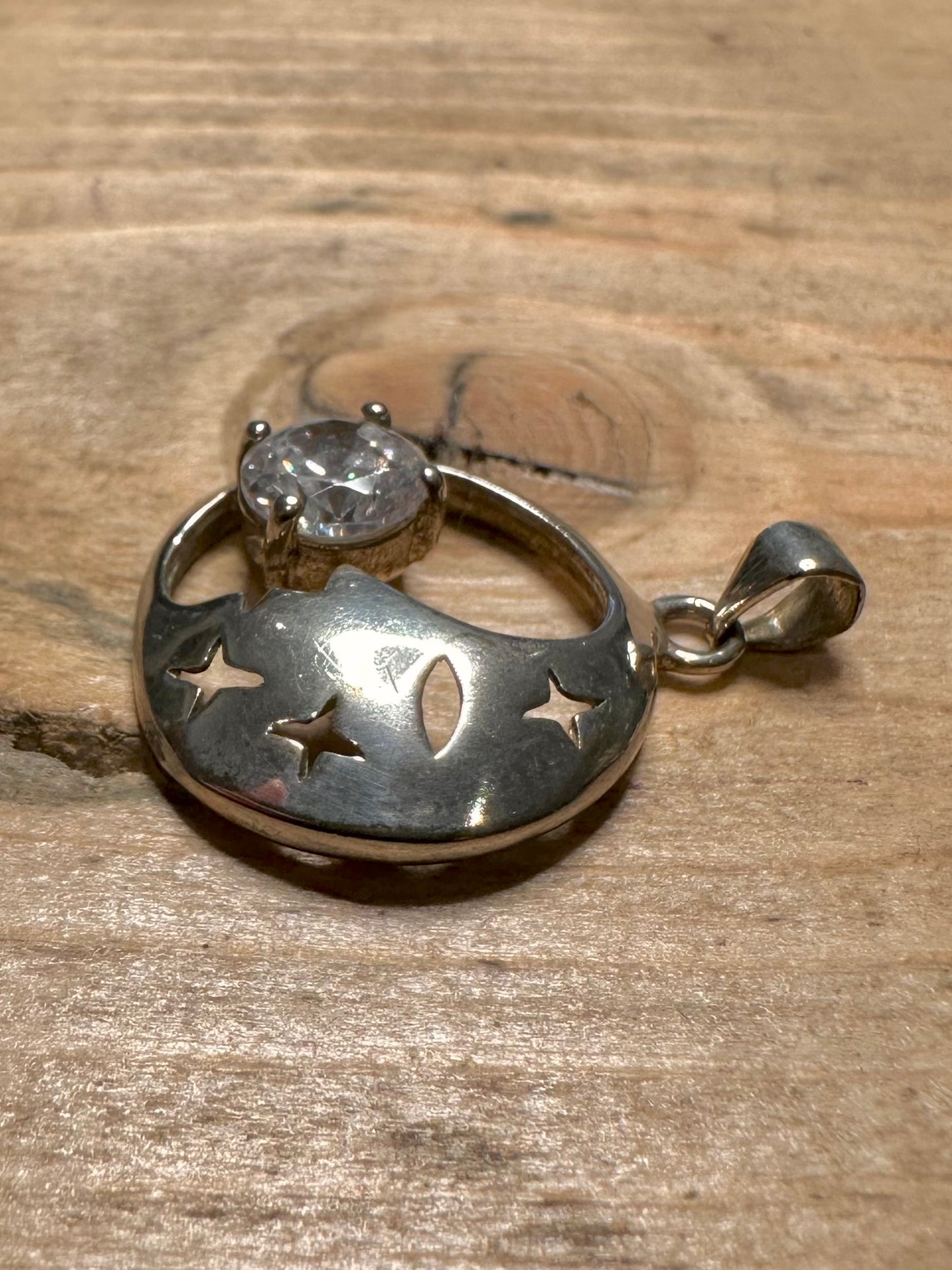 Vintage Moon and Large CZ Stone 925 Silver Pendant