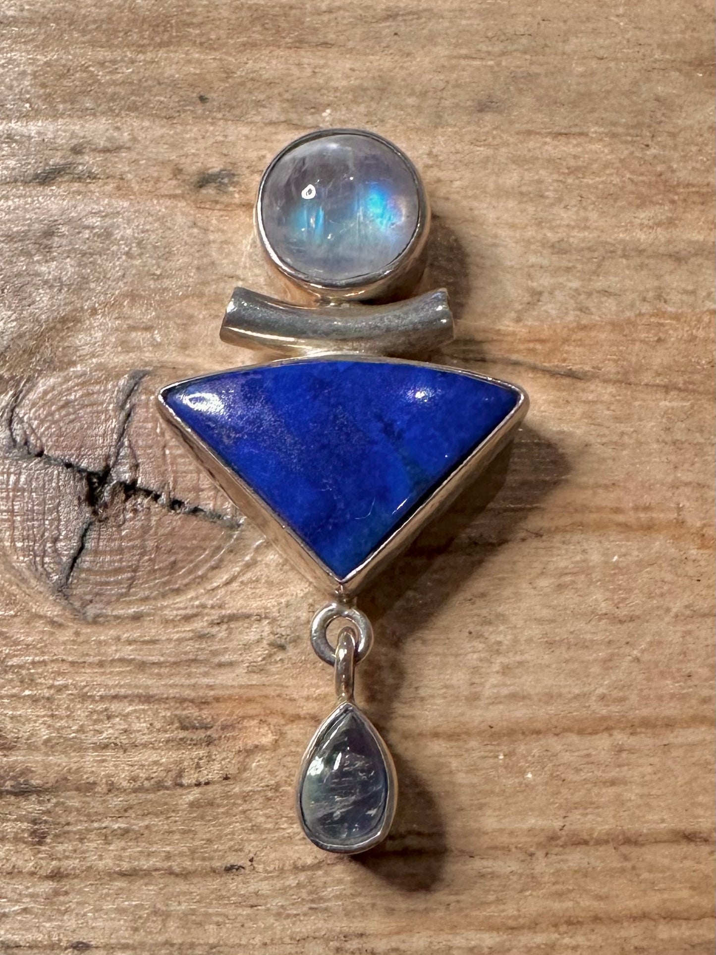 Modern Lapis and Moonstone Abstract 925 Silver Pendant