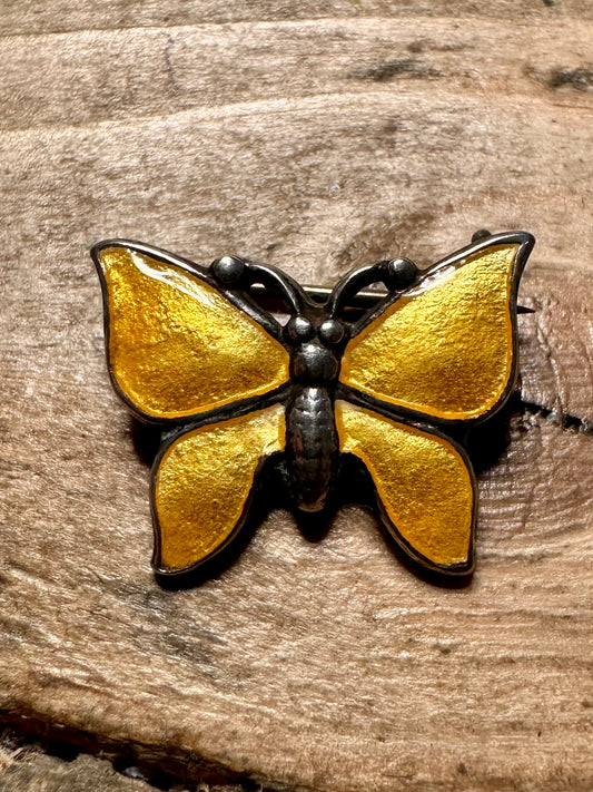 Vintage Yellow Enamel Butterfly 925 Silver Brooch