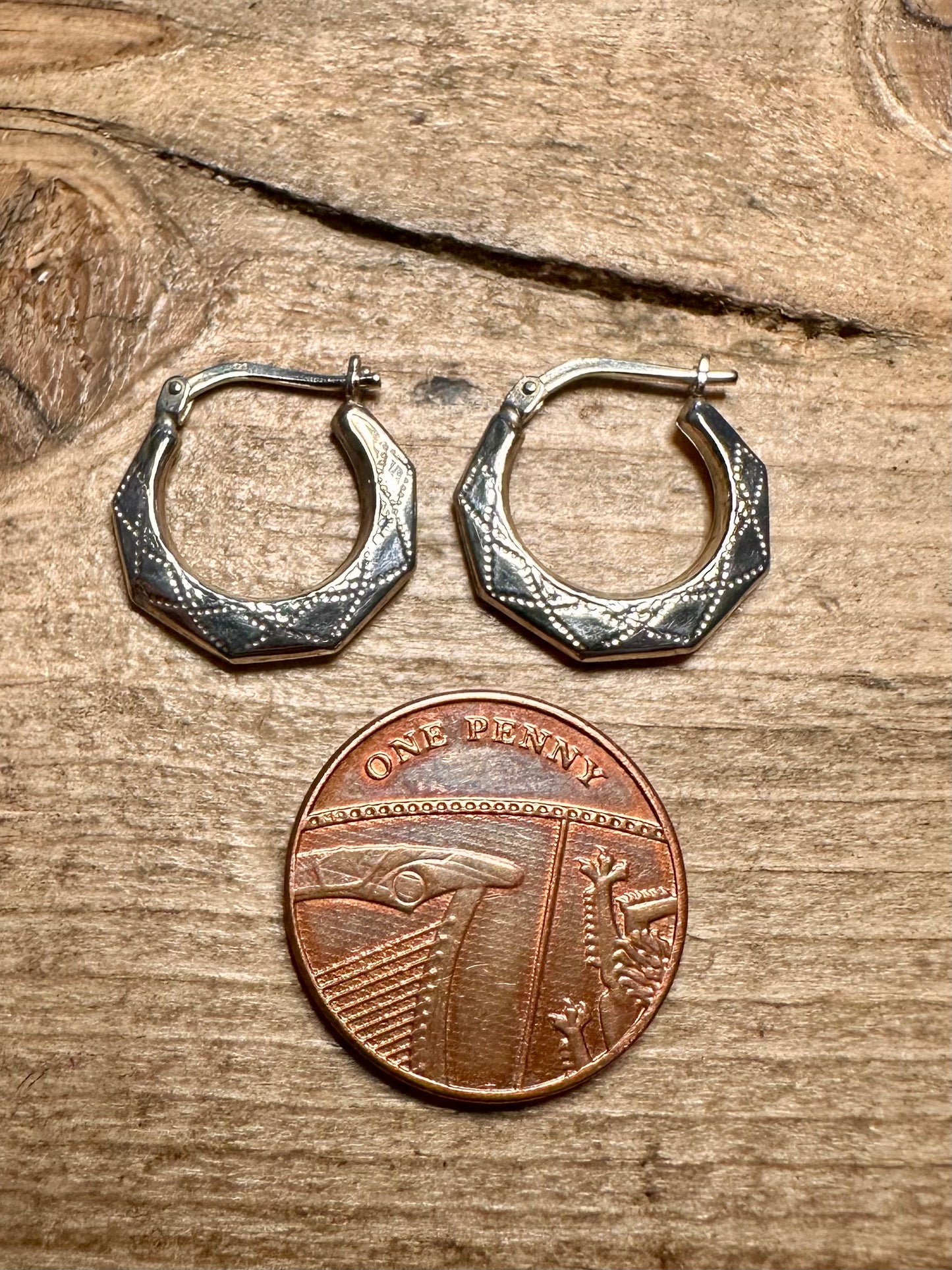 Vintage Engraved Octagon Hoops 925 Silver Earrings