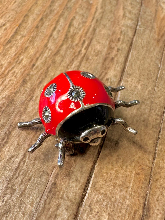 Vintage Lady Bug Enamel Marcasite 925 Sterling Silver Maker PT Brooch