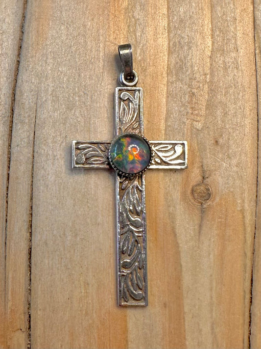 Vintage Engraved Cross Blue Opal 925 Sterling Silver Pendant