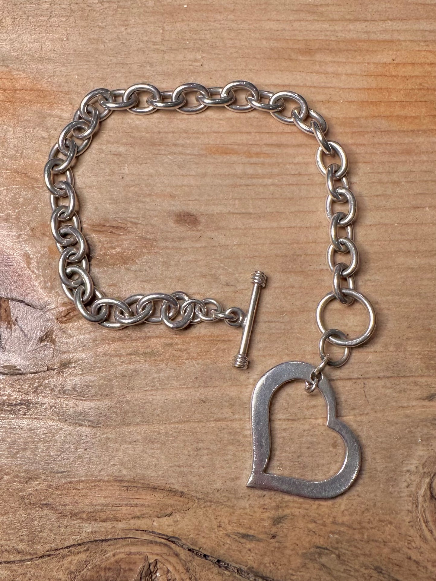 Vintage Heart T Bar Clasp Belcher 925 Silver 7.3 inch Bracelet