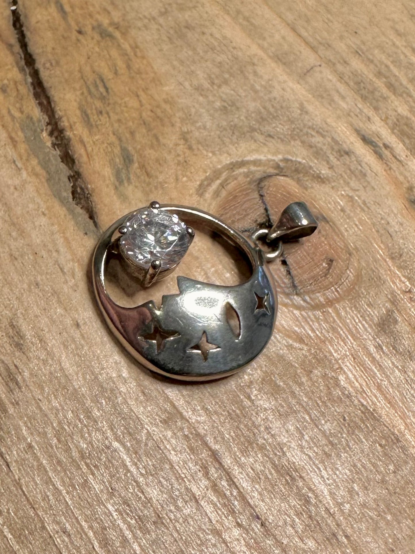 Vintage Moon and Large CZ Stone 925 Silver Pendant