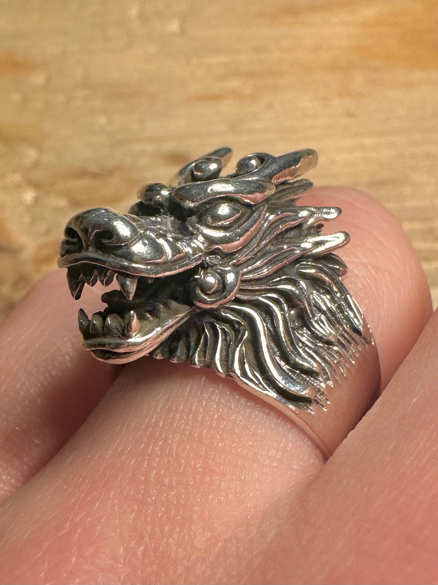 Vintage Chunky Dragon Head 925 Silver Size S1/2 Ring